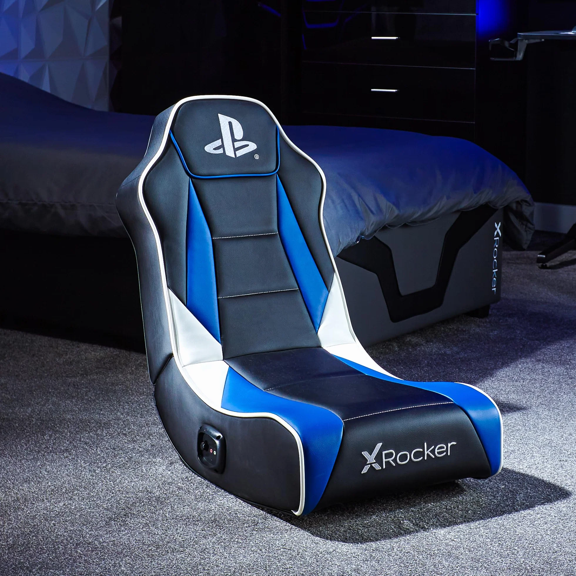 X-Rocker Sedia da gioco con licenza ufficiale PlayStation Geist 2.0, comoda seduta pieghevole da pavimento con altoparlanti, pelle PU per PS4, PS5, PC, cellulare, nero/blu