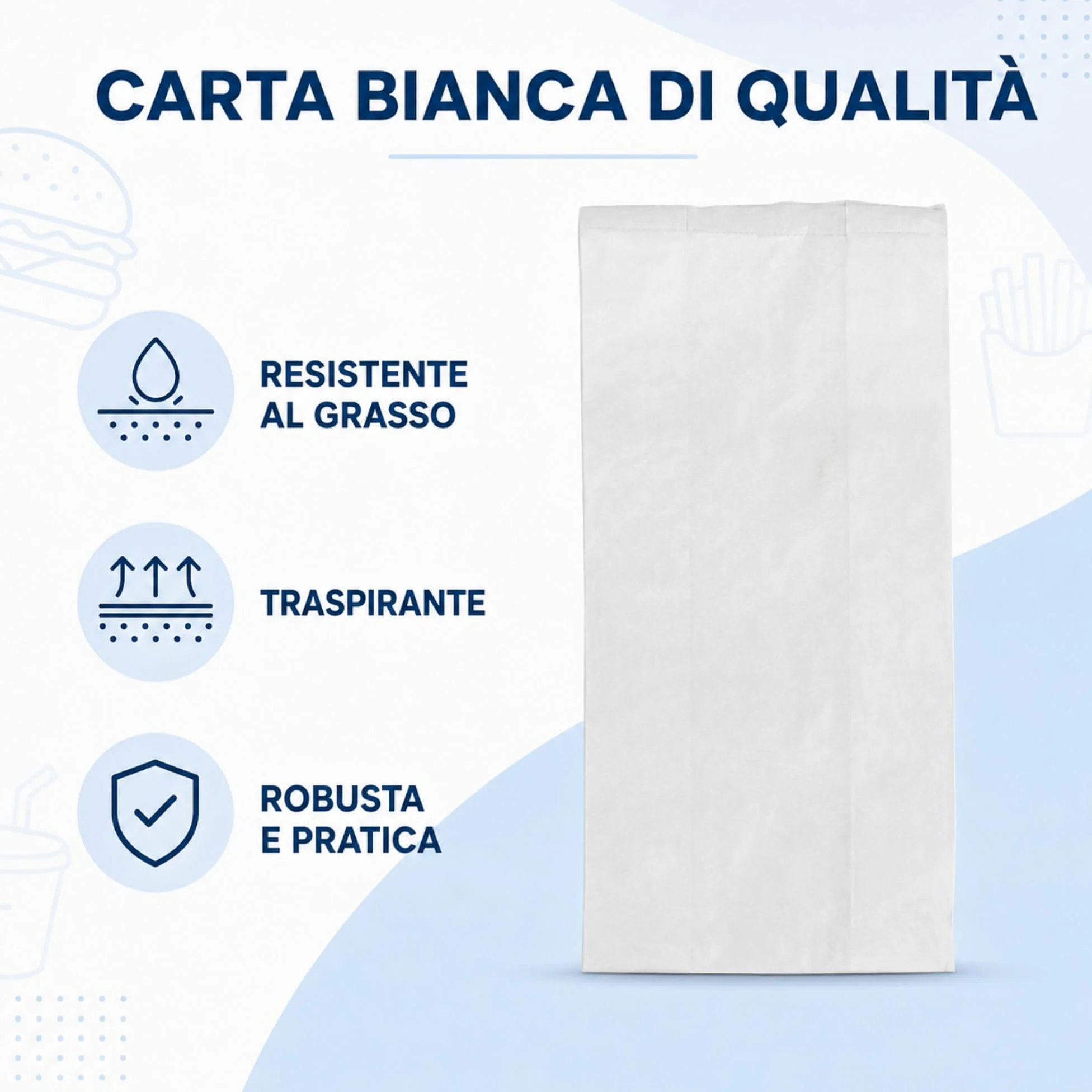 Sacchetti Asporto per Alimenti in Carta, Sacchetti Professionali per Pane, Gastronomia, Panifici e Take Away, Confezione da 1000 Pezzi, Colore Bianco Misure 170 x 340 mm