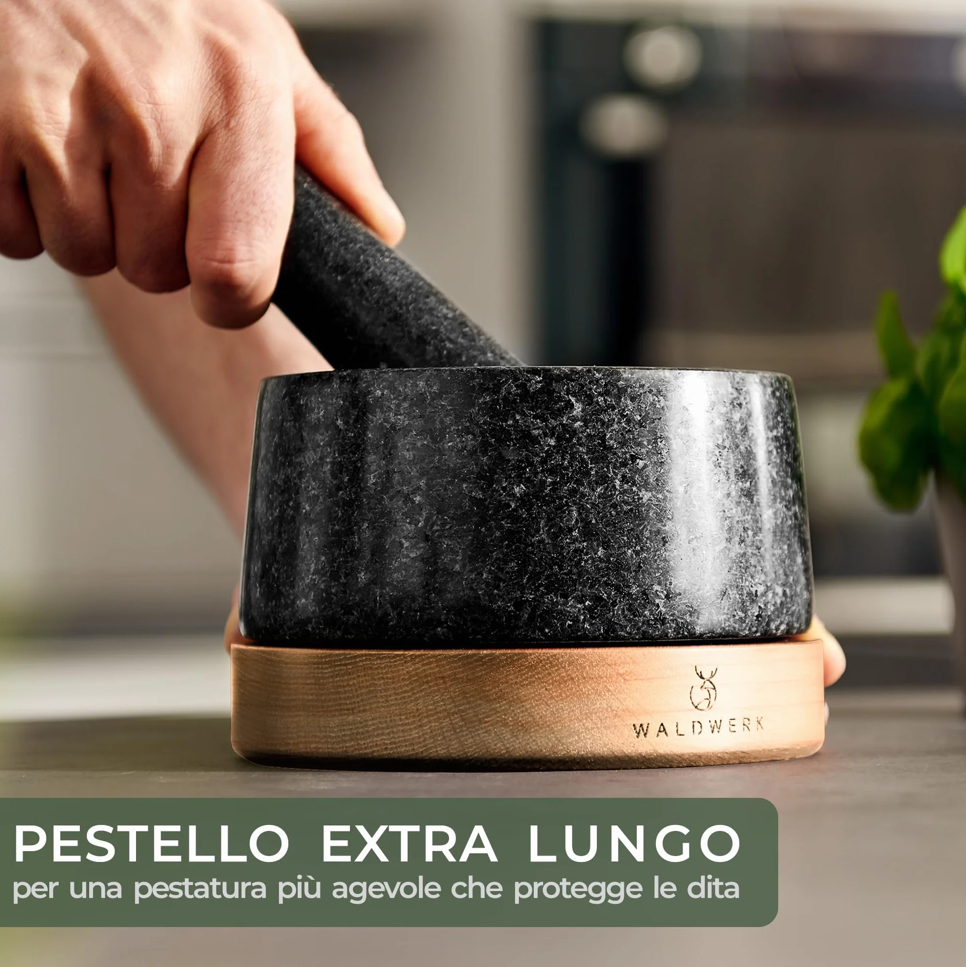 WALDWERK Mortaio con pestello (diametro 12 cm) - Mortaio su una base elegante e stabile in legno di acacia - Mortaio con pestello in granito naturale