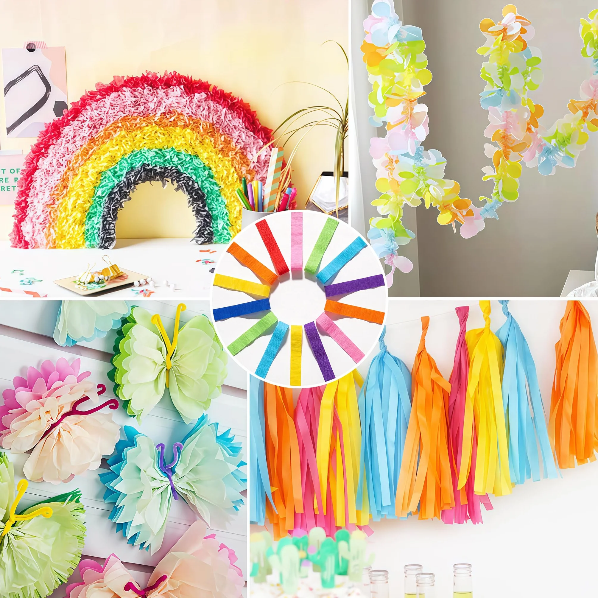 Carta Crespa Colorata 8 Rotoli 4,5 cm x 25 m Nastri Arcobaleno per Decorazioni Feste