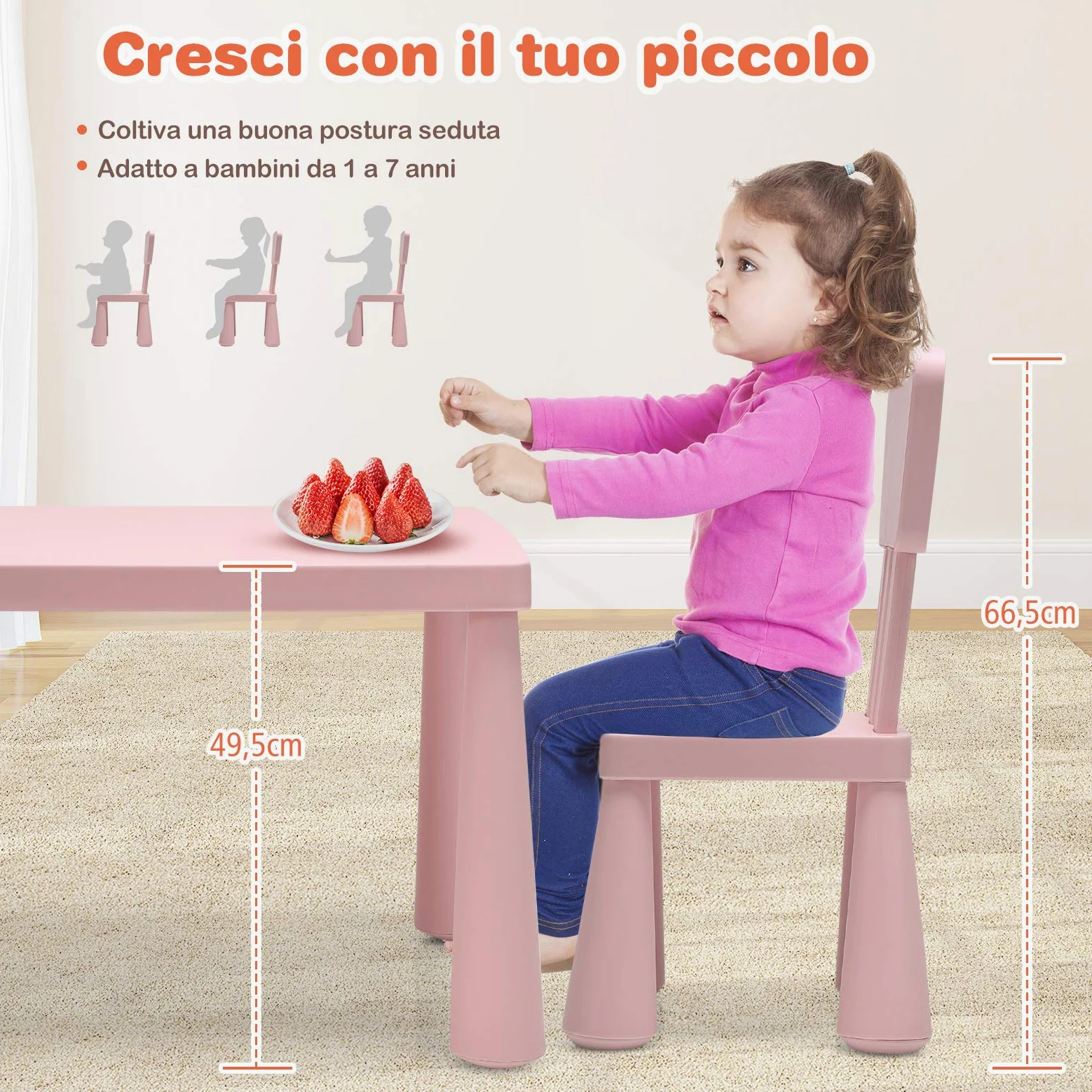 COSTWAY Set Tavolo e Sedie per Bambini 1-7 Anni, 2 Sedie Ergonomiche con Schienale, Materiale PP Atossico e Inodore, Angoli Arrotondati, Adatto per Giocare, Disegnare e Leggere, Portata 50kg (Rosa)