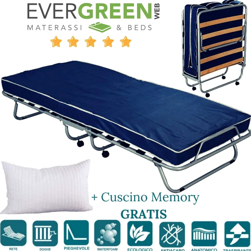 Evergreenweb - Brandina Pieghevole con Materasso in Waterfoam 80x190 Alto 10 cm + Cuscino in Memory Foam Gratis, Kit Letto Singolo Rete a Doghe in Legno e Materasso in Poliuretano Ortopedico Offerta