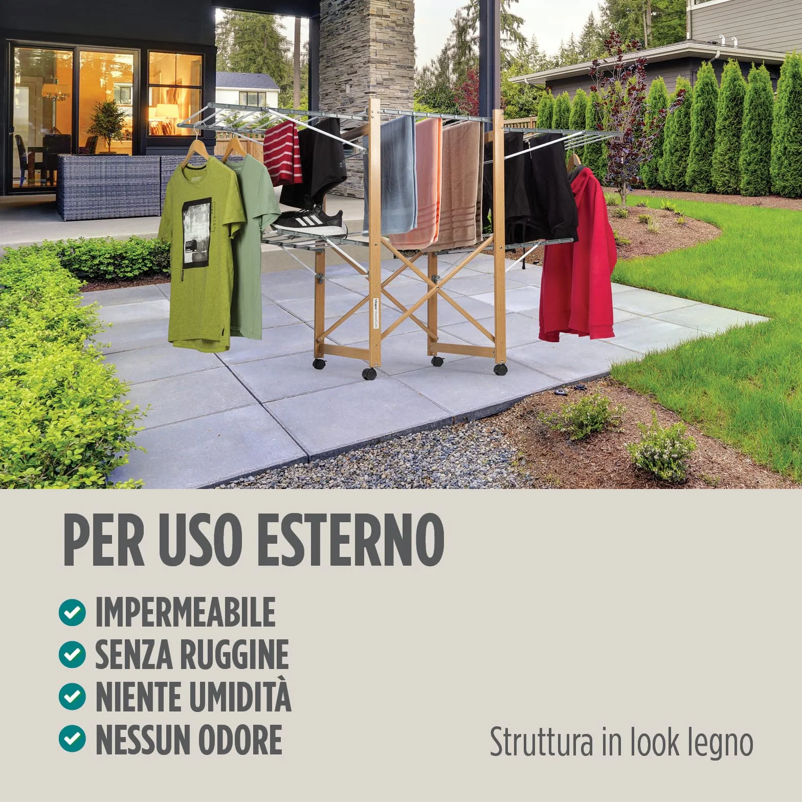 VITAPUR House Care XXL Stendibiancheria con Ruote - Stendino 2 Livelli 21m - Pieghevole 12cm Effetto Legno - Stendibiancheria da Terra Mobile Interno Esterno - 25kg Portata 136x69cm Salvaspazio