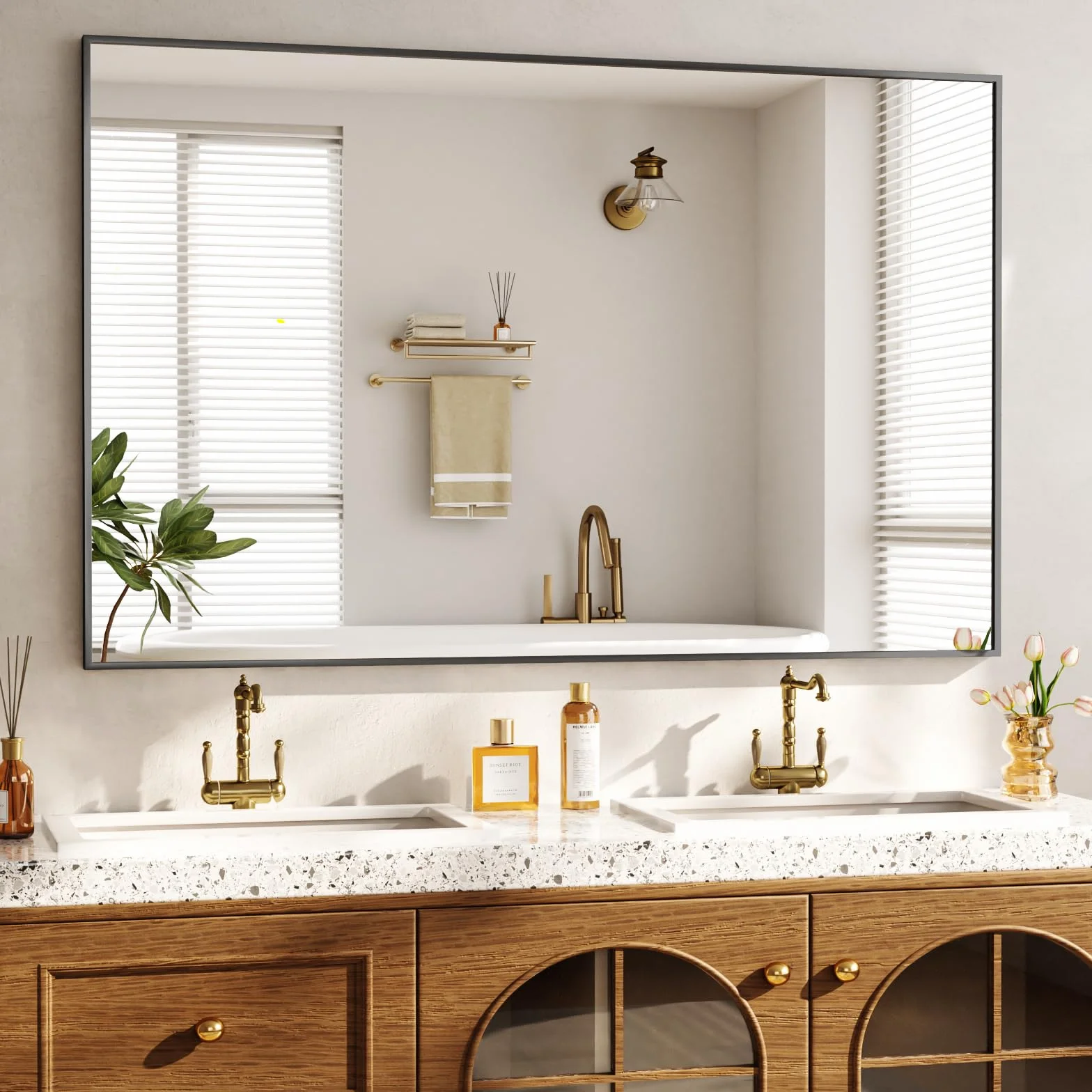 BEAUTYPEAK Specchio da parete rettangolare 120 x 75 cm, telaio in alluminio dorato, infrangibile per bagno, camera da letto, soggiorno