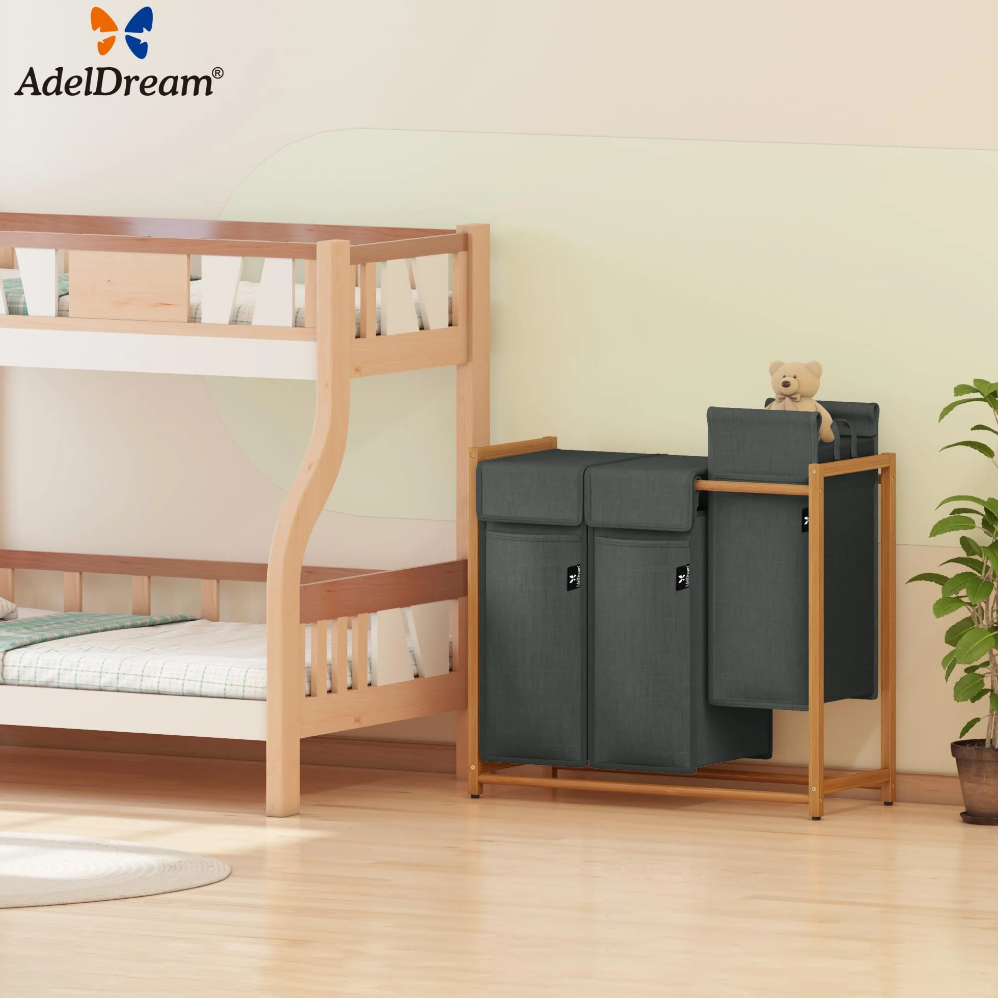 AdelDream Cesto per Biancheria, Separatore per Vestiti, 3 Scomparti, Carrello per Biancheria con Tasche Rimovibili, Bambù 150 L, Grigio Scuro
