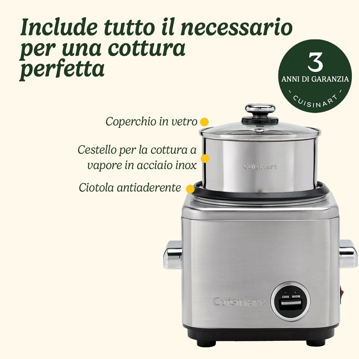 Cuisinart Cuociriso Multifunzone | Cuoce a vapore e mantiene al caldo | Cavo retrattile | Recipiente Antiaderente e Cestino in Acciaio Inox senza BPA | Fino a 400g di riso, 6 Porzioni