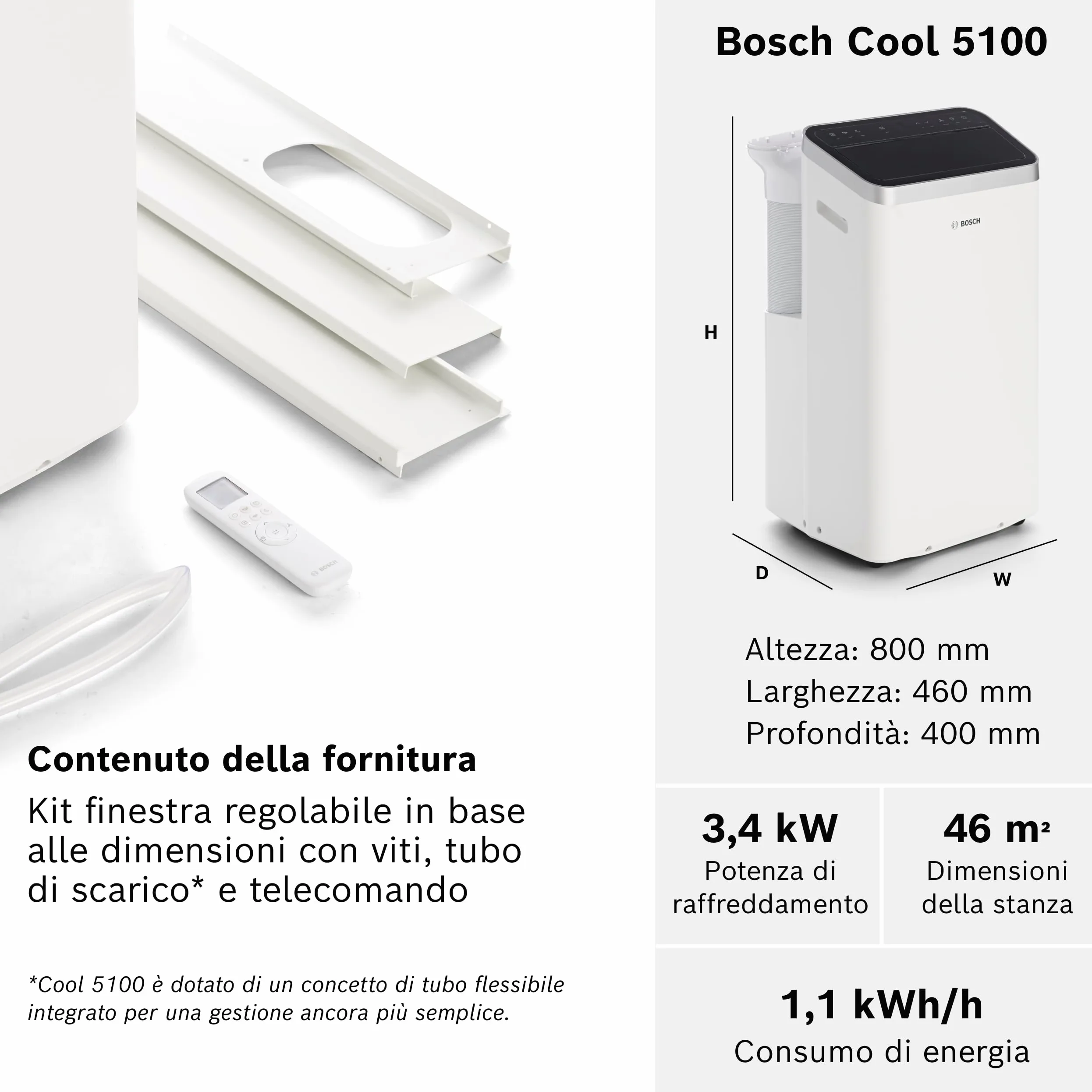 Bosch Cool 5100 Climatizzatore portatile - Climatizzatore 3 in 1, deumidificatore, ventilatore - 3,4 kW per ambienti fino a 46 m² - Con modalità Auto, Silent e Sleep