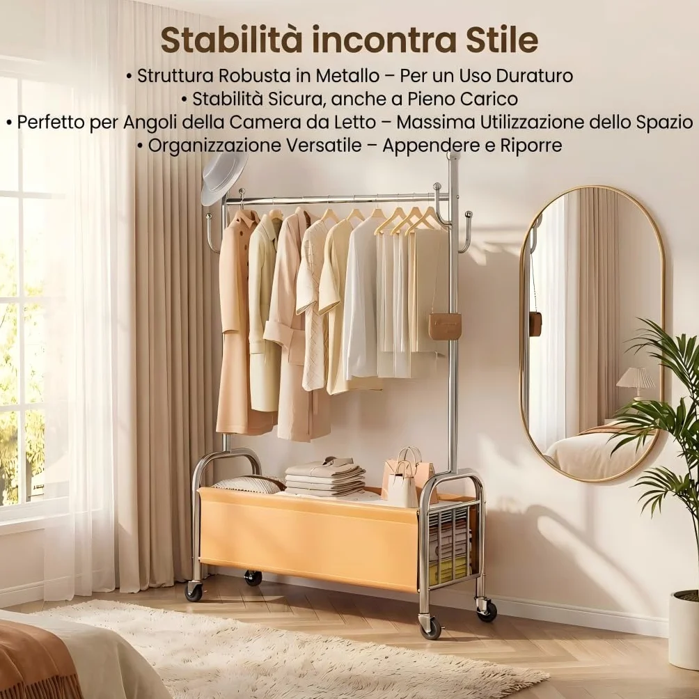 Appendiabiti da Terra in Acciaio Inox con Ruote, 3 in 1, Portata 115 kg