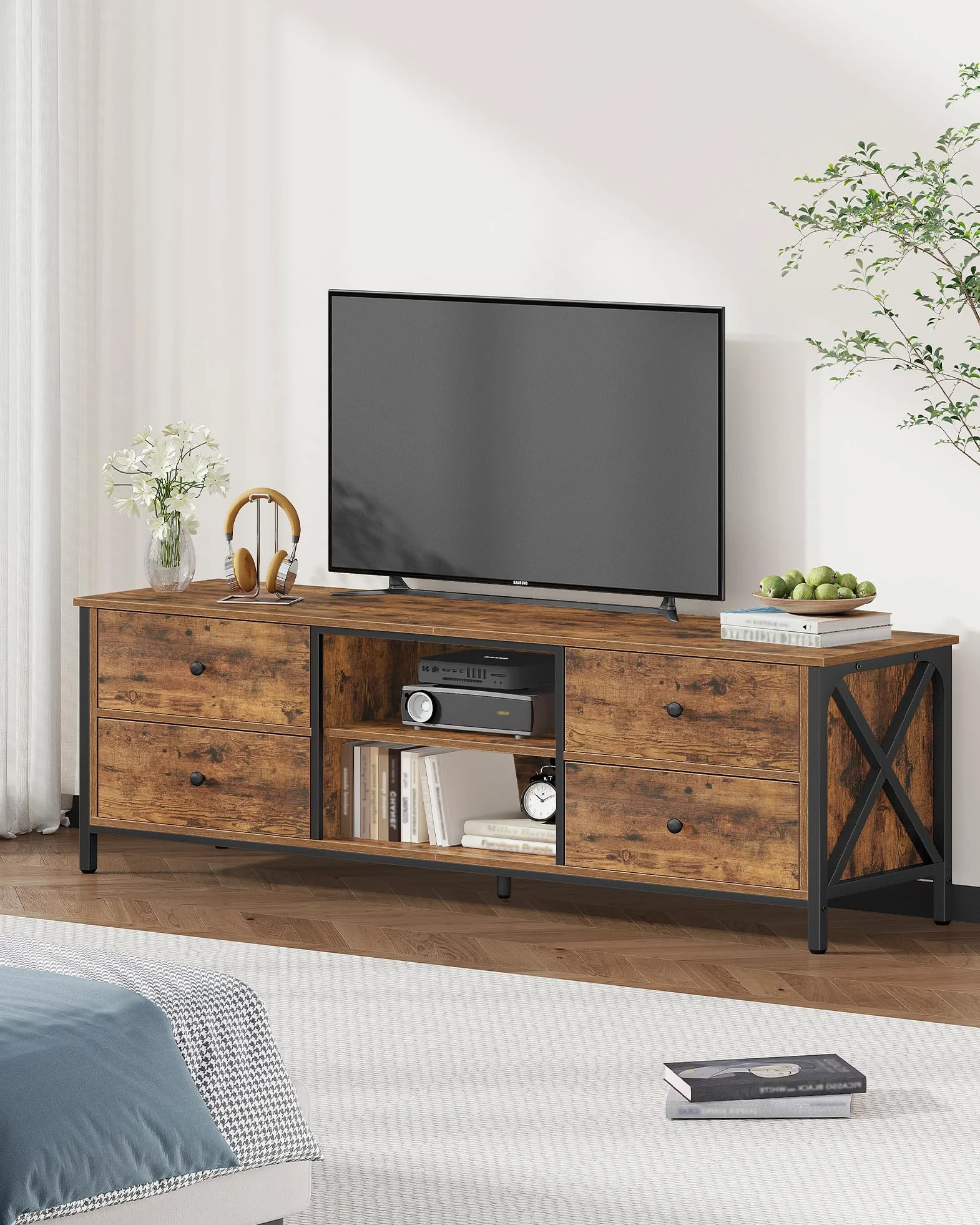 Hzuaneri Mobile TV, tavolino porta TV a 4 cassetti, adatto per TV fino a 165 cm, con 2 vani aperti, 40 x 147 x 50 cm, adatto per soggiorni, camere da letto e sale da pranzo, marrone vintage TV16801B