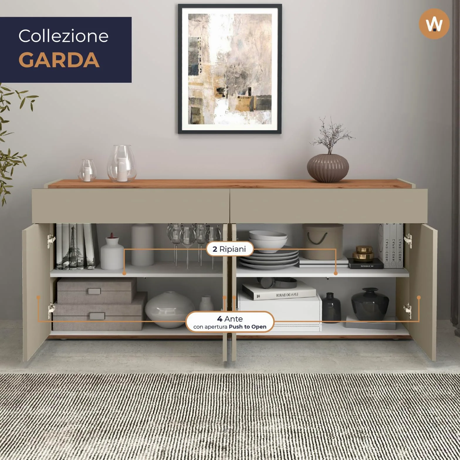 WHOUS Credenza e Buffet GARDA per Soggiorno con 2 Cassetti e 4 Ante, Madia per Salotto, Cucina e Sala da Pranzo in Legno, 160,1x35x70 cm, Tortora Opaco e Rovere