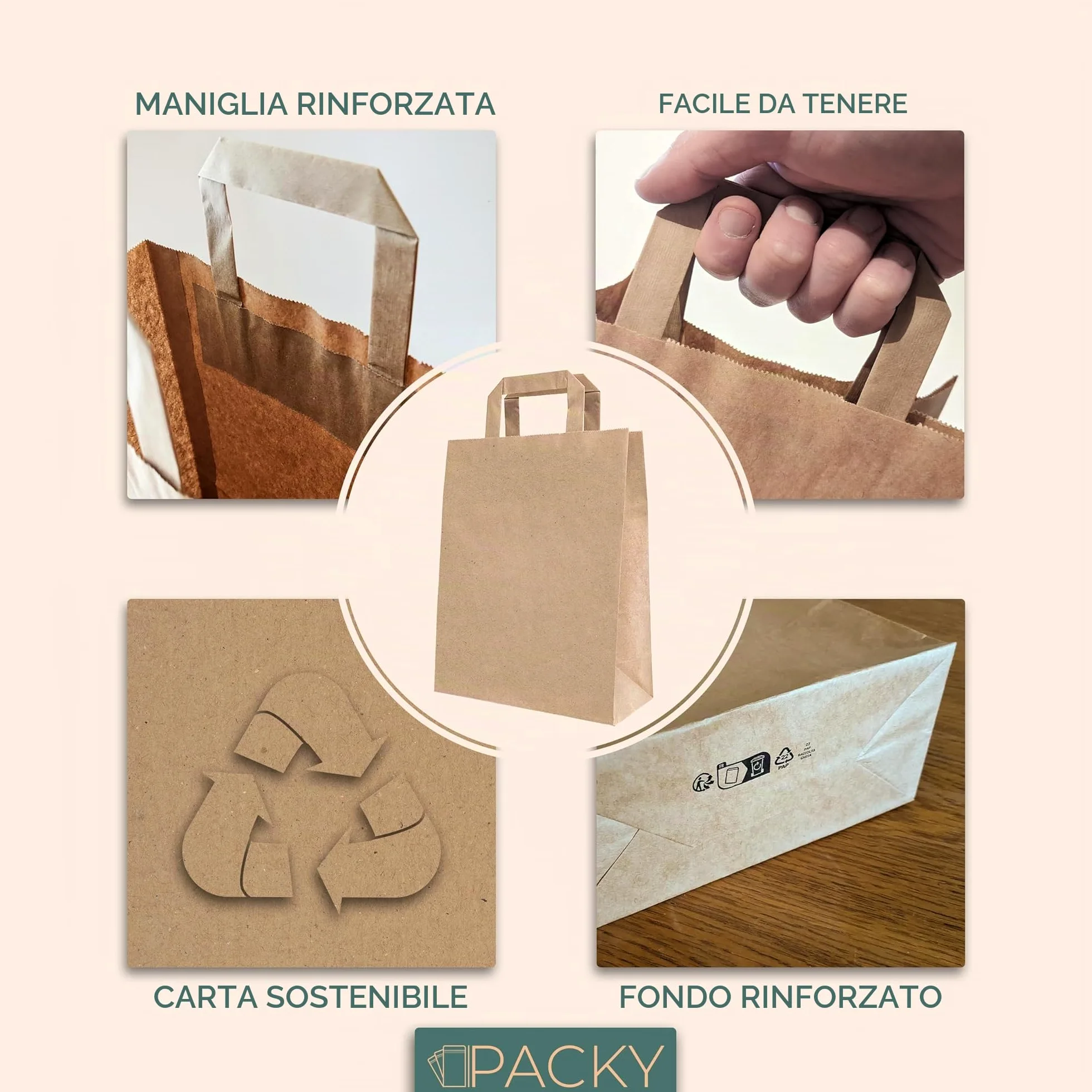 PACKY - Sacchetti Carta Con Manici 22x28x10 Cm - 250 Pezzi - Buste Carta | Ampia scelta