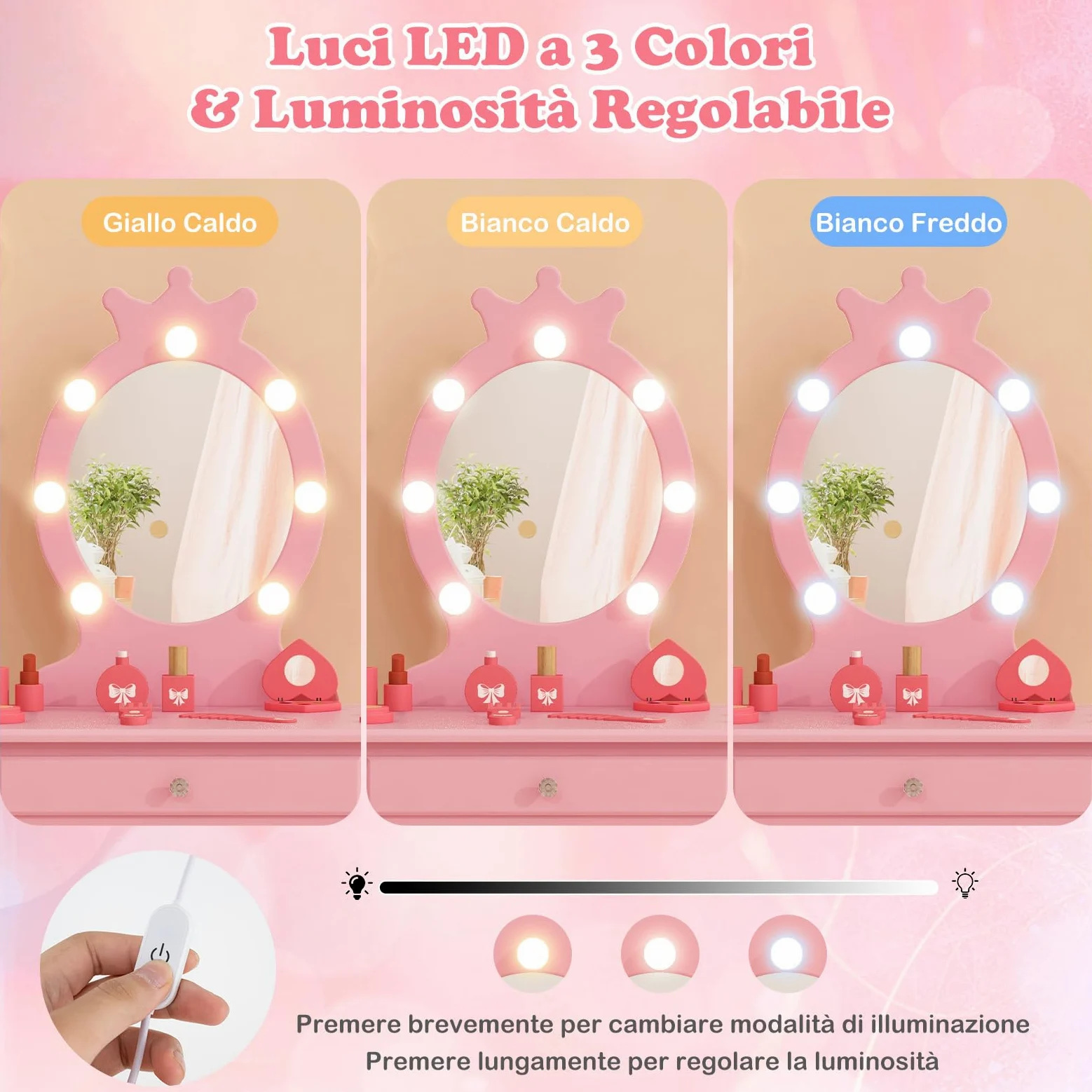 RELAX4LIFE Toeletta Trucco per Bambina con 7 Lampadine LED, 3 Colori di Luci, Specchiera Trucco con Sgabello, Toeletta in Legno, Specchio Rimovibile, per Bambini 3-7 Anni (Rosa)