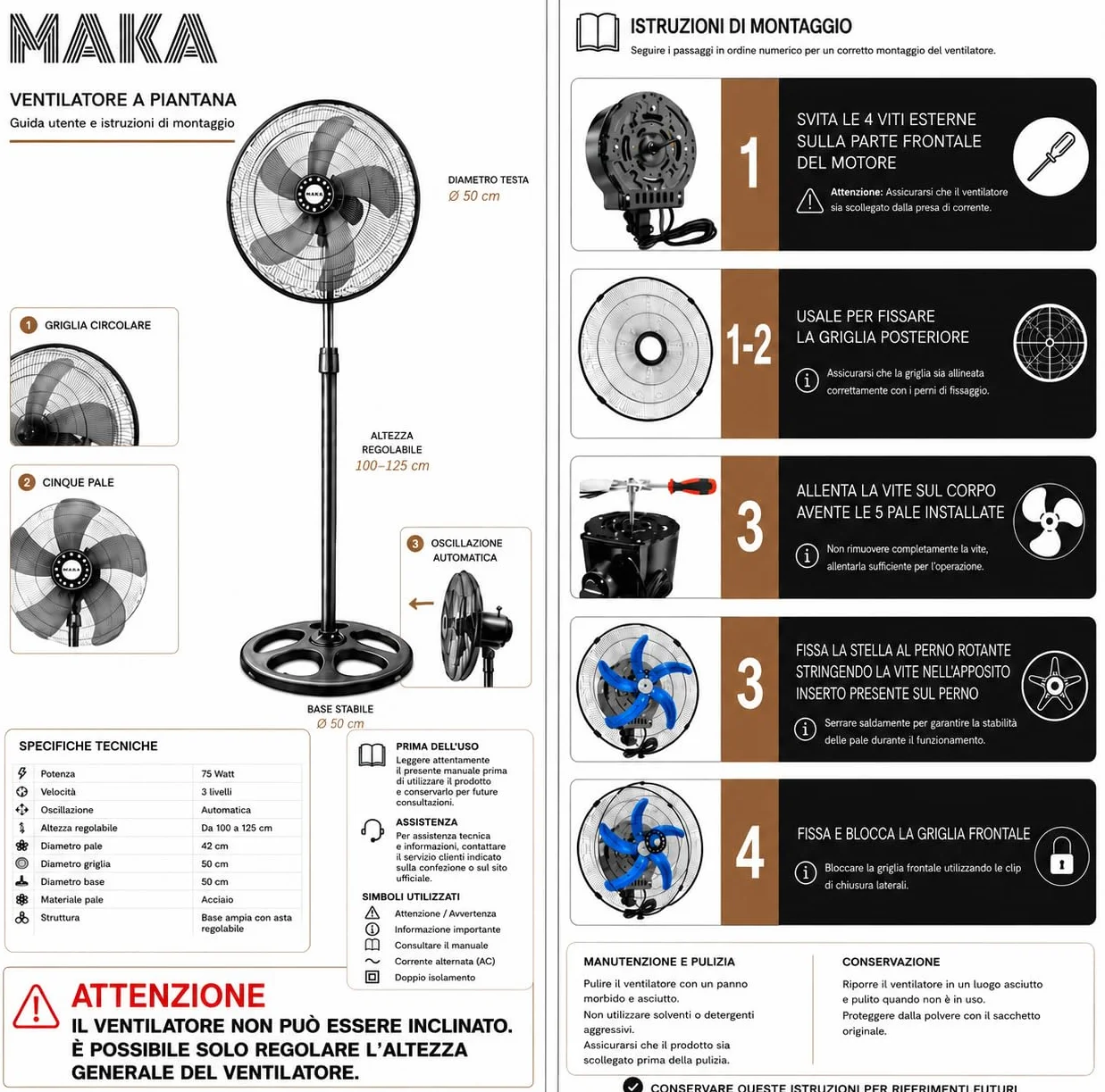 MAKA Ventilatore a Piantana Potente, Ventilatore Metallo 5 Pale, 75W, Basso Consumo, Oscillazione Orizzontale, Ventilatore da Terra Industriale Diametro 50cm, Regolabile Altezza Max 130 cm 3 Velocità