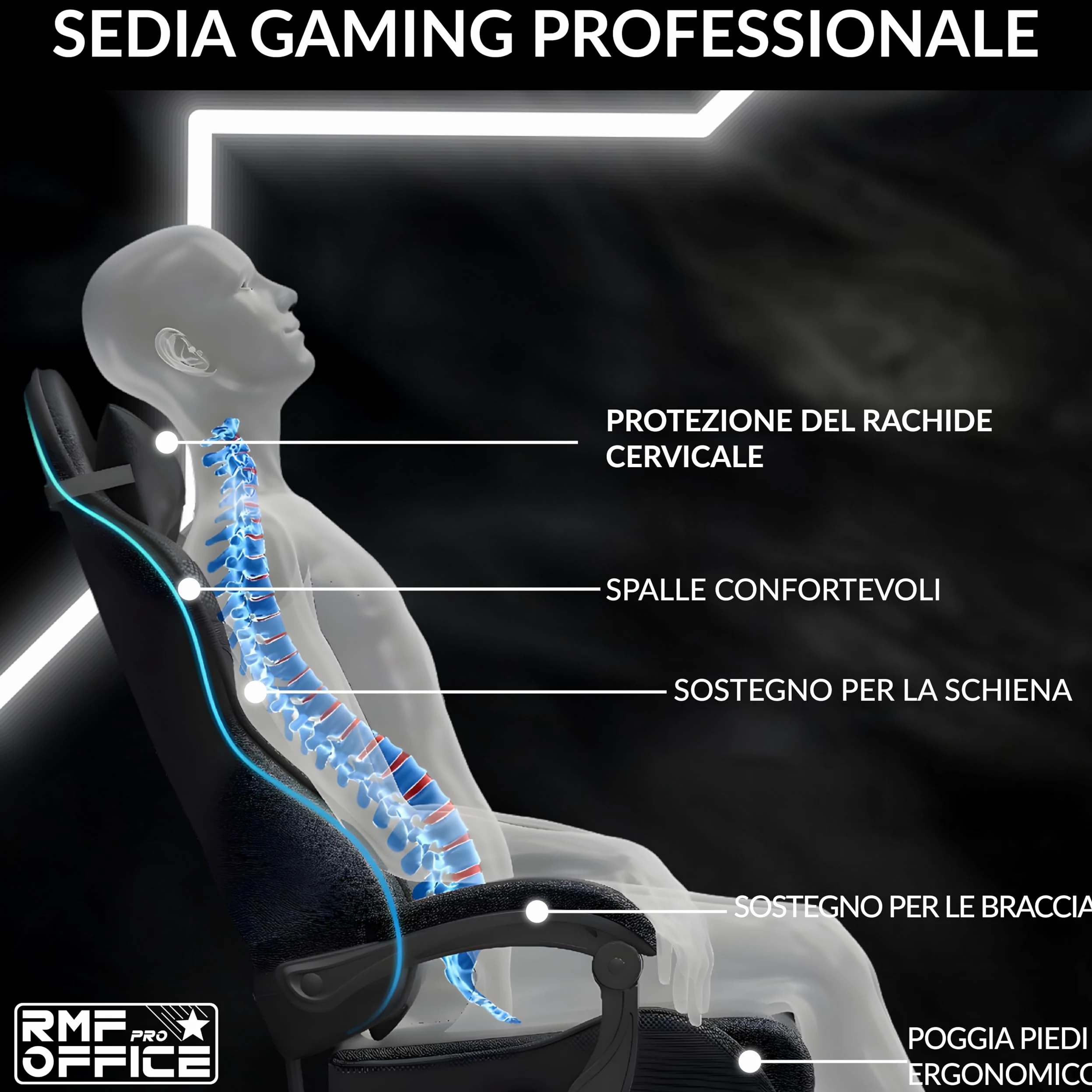 RMF Sedia Gaming Professionale Ergonomica Reclinabile, Poltrona Gaming Seduta Comoda e Rilassante con Poggiapiedi - Sedia per Gamer con Ruote Girevoli, Altezza Regolabile Nero