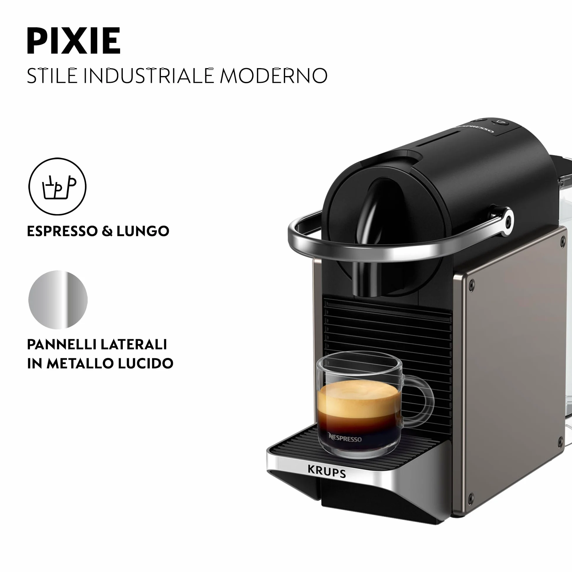 Krups XN306TK Nespresso Pixie Titan, Macchina per caffè Espresso, Ricette Programmabili, 2 Lunghezze, Spegnimento Automatico, 1260 W, 0.7 Litri