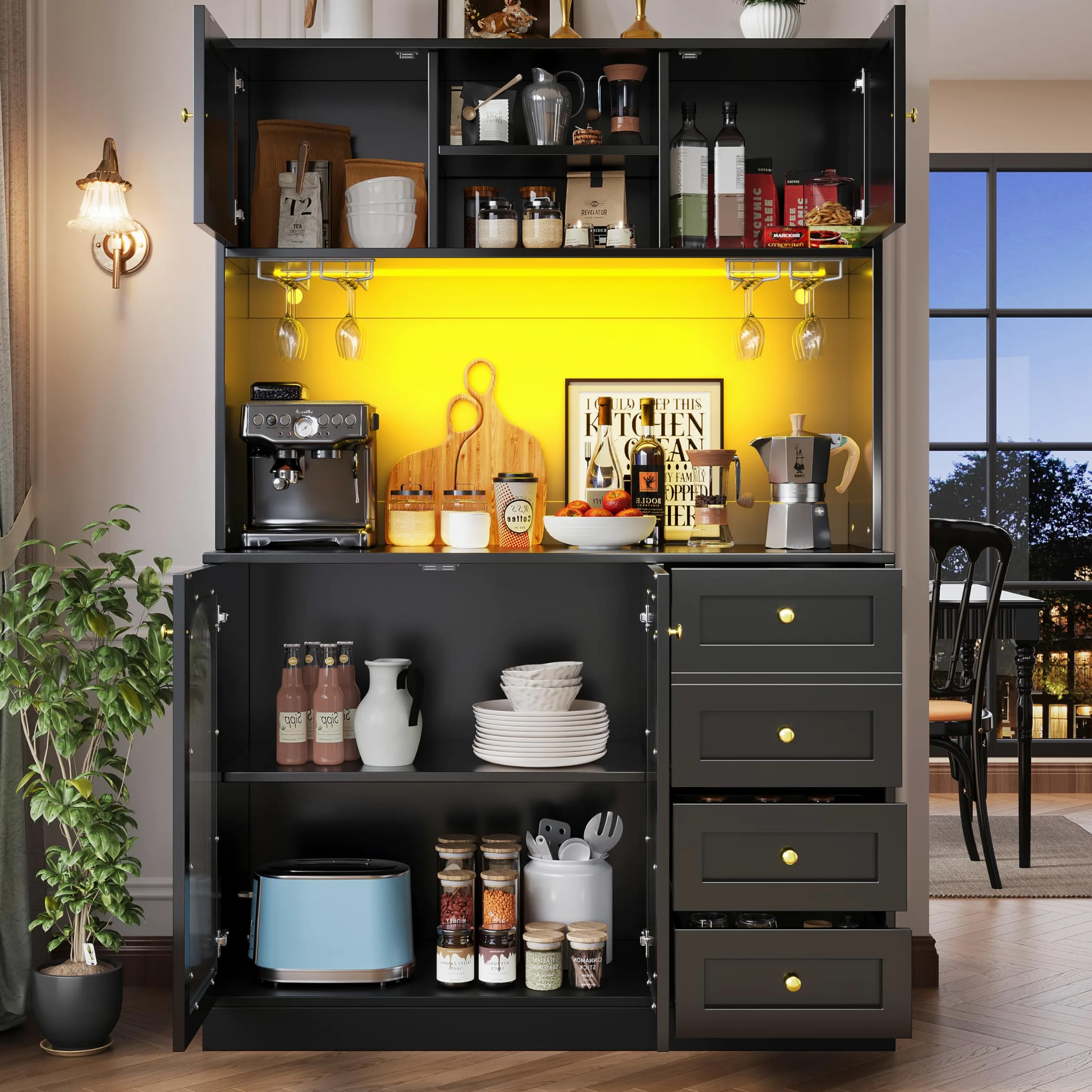 Mobile da cucina a buffet, 120 x 40 x 188 cm, stile rustico, 4 ante, con striscia luminosa a LED e porta bevande, colore nero.