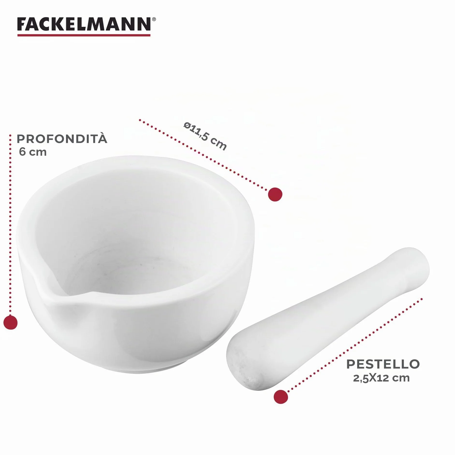 Fackelmann Pestello e Mortaio 11 cm Porcellana Ciotola in Pietra Macinino Erbe Spezie Bianco