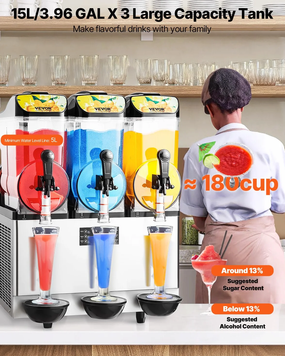 VEVOR Macchina per Bevande Ghiacciate Commerciale, Macchina per Granita Slushy a Triplo Serbatoio 15L x 3 Acciaio Inox