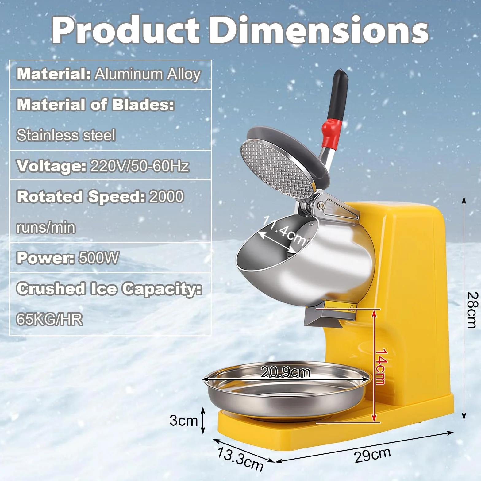 Frullatore elettrico per ghiaccio 500 W 2000 giri/min, rompighiaccio in acciaio inox 65 kg/h, doppio coltello Ice Shaver Machine con ciotola, Ice Crushers Machine per la preparazione di frullati