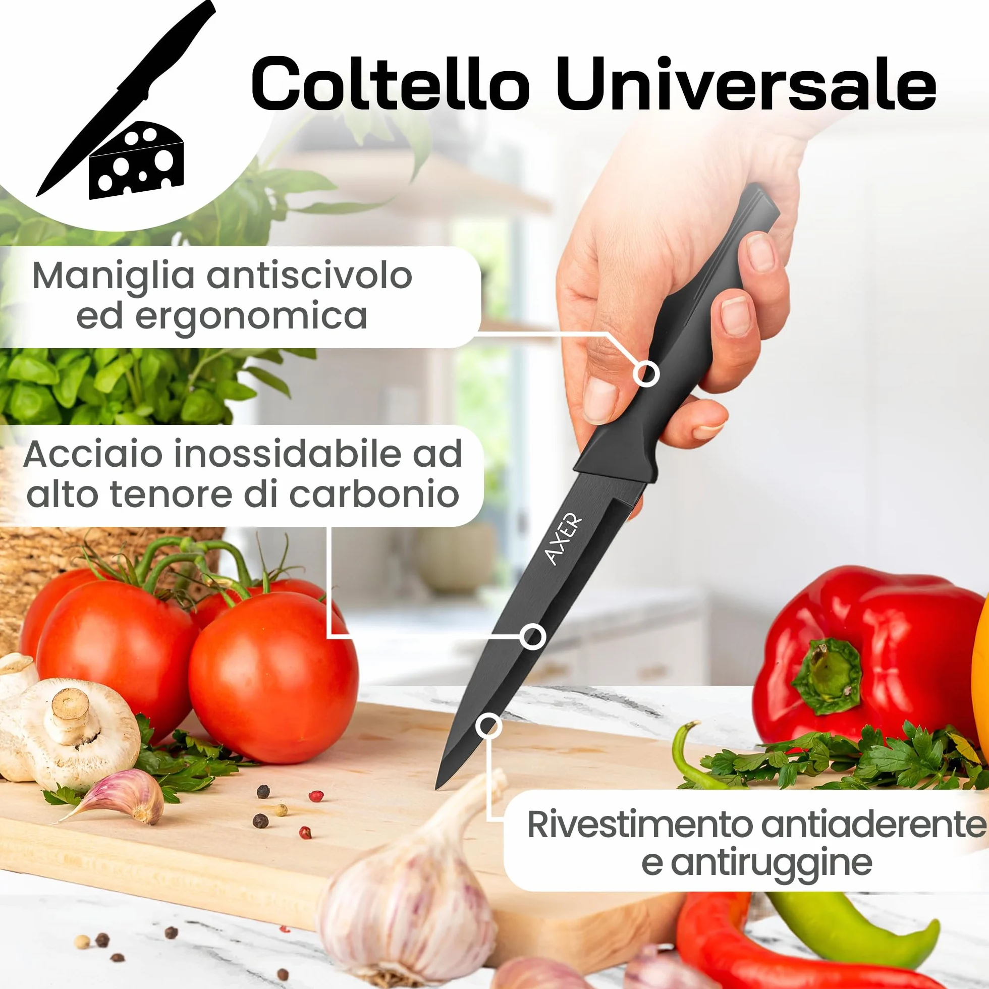 Axer Coltello da Cucina Professionale Multiuso 12 cm Lama Liscia