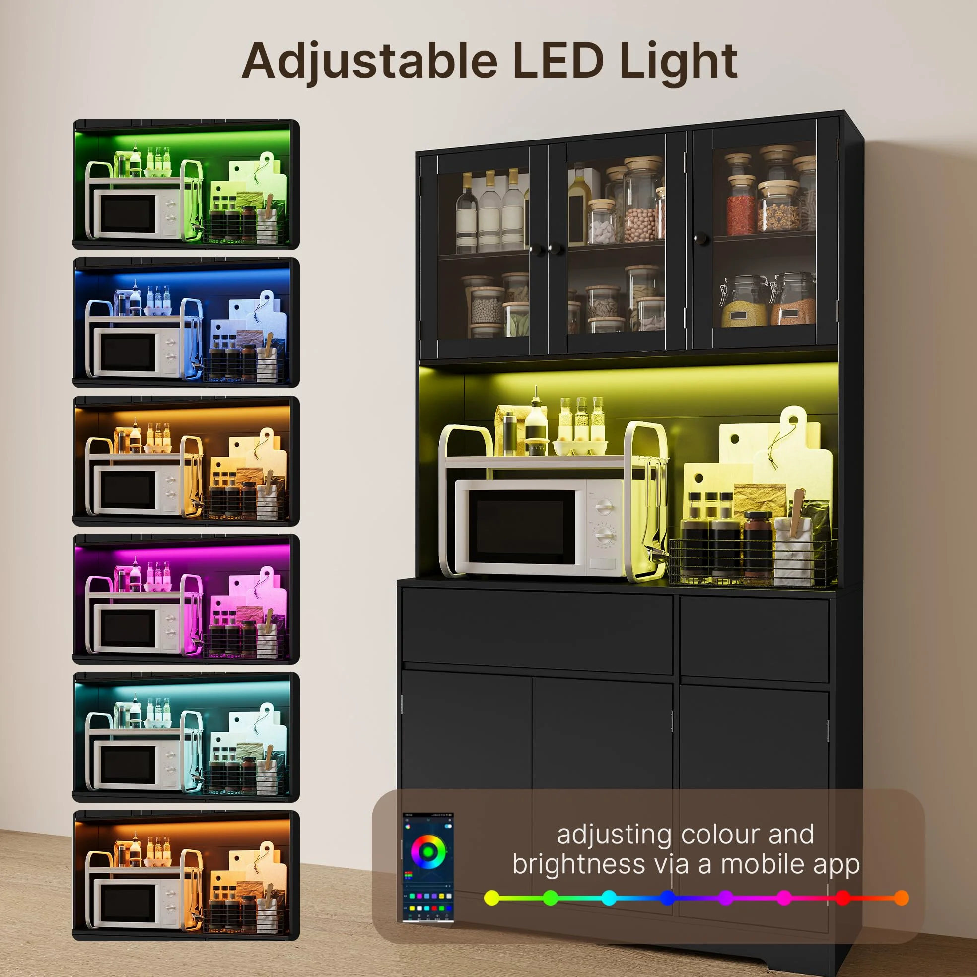 Xbro Credenza Buffet Cucina con Luce LED, Prese di Corrente, Ante in Vetro, 6 Ante e 2 Cassetti, Mobile Dispensa Multifunzione per Cucina, Sala da Pranzo, 100x38.5x180cm