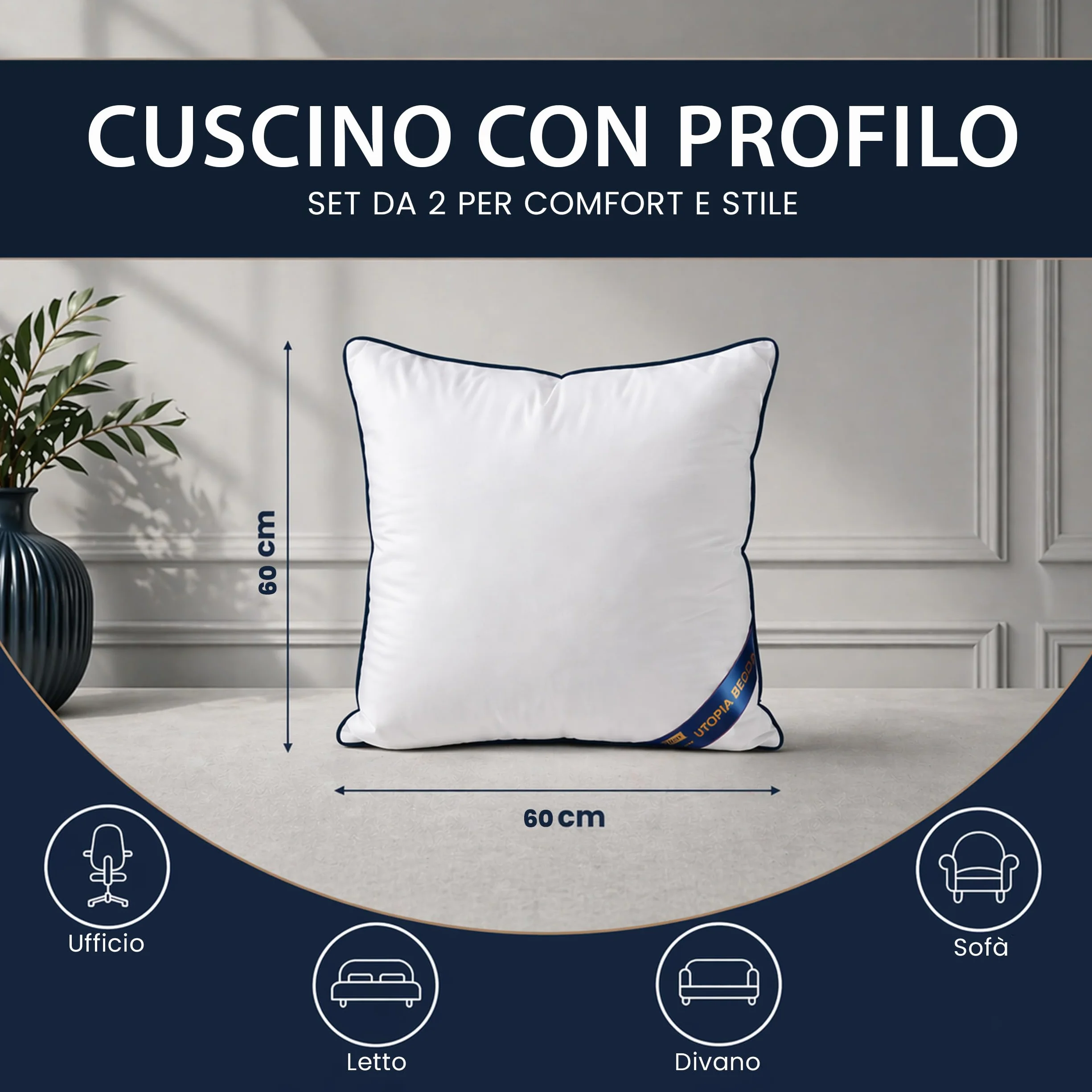 Utopia Bedding Cuscini Decorativi 60x60 cm Bianco, Imbottitura per Letto e Divano, Set da 2