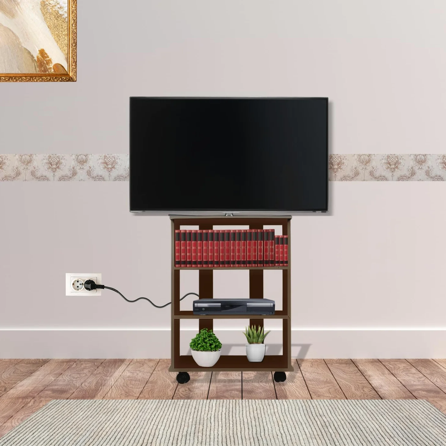 MOHOME Mobile Tv Legno MDF 3 Ripiani Mobiletto Noce Antico Carrello Porta Tutto Pavimento Televisore Console Videogiochi DVD Ruote Trasportabili Robusto Moderno