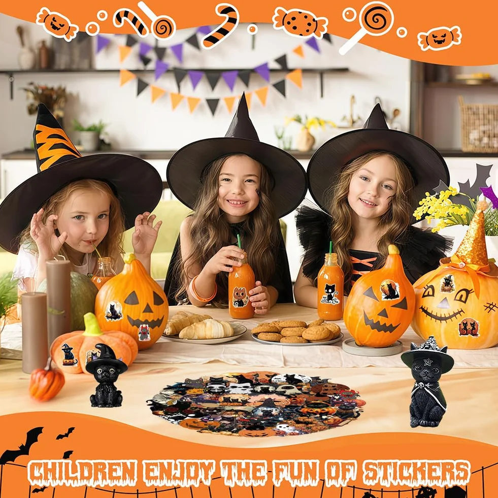 Gatto Strega Halloween Decorazione con Adesivi Neri e Mini Gatto Resina Set Statuetta a Forma di Gatti Statuette Decorative per Gatti Regalo Halloween per Feste e Arredo Casa