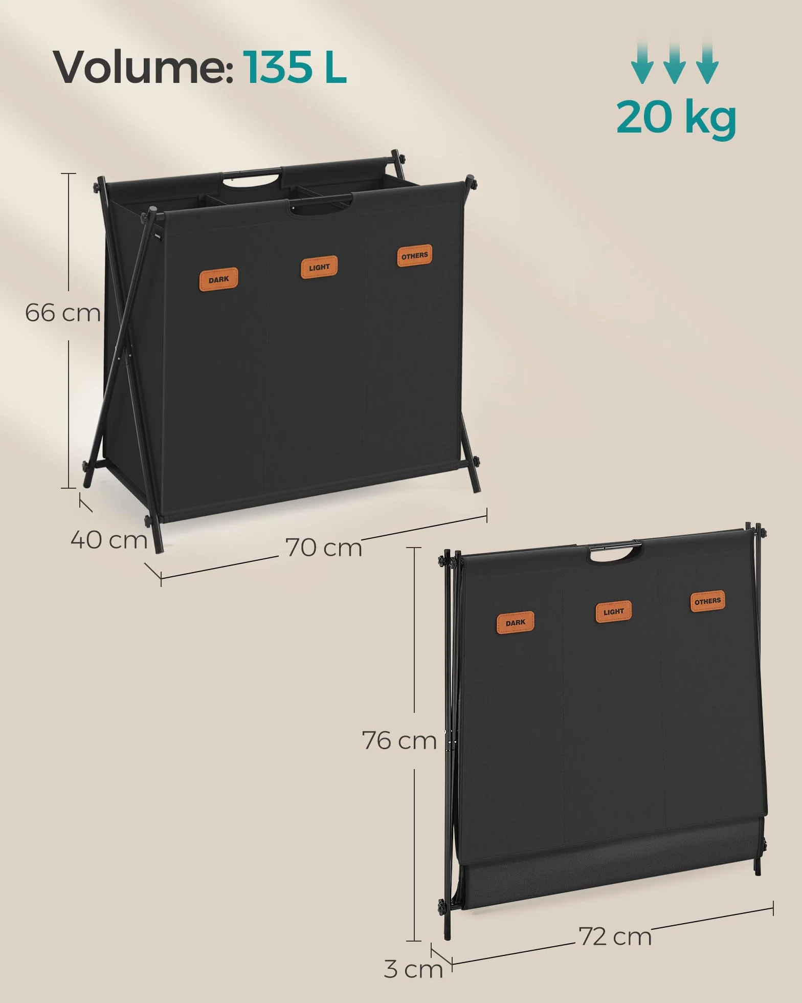 SONGMICS Cesto Portabiancheria, Porta Biancheria Sporca da 135 L, 3 Scomparti, Struttura Pieghevole a X, con Etichette, per Lavanderia Bagno Camera da Letto, Nero Inchiostro LCB130B01