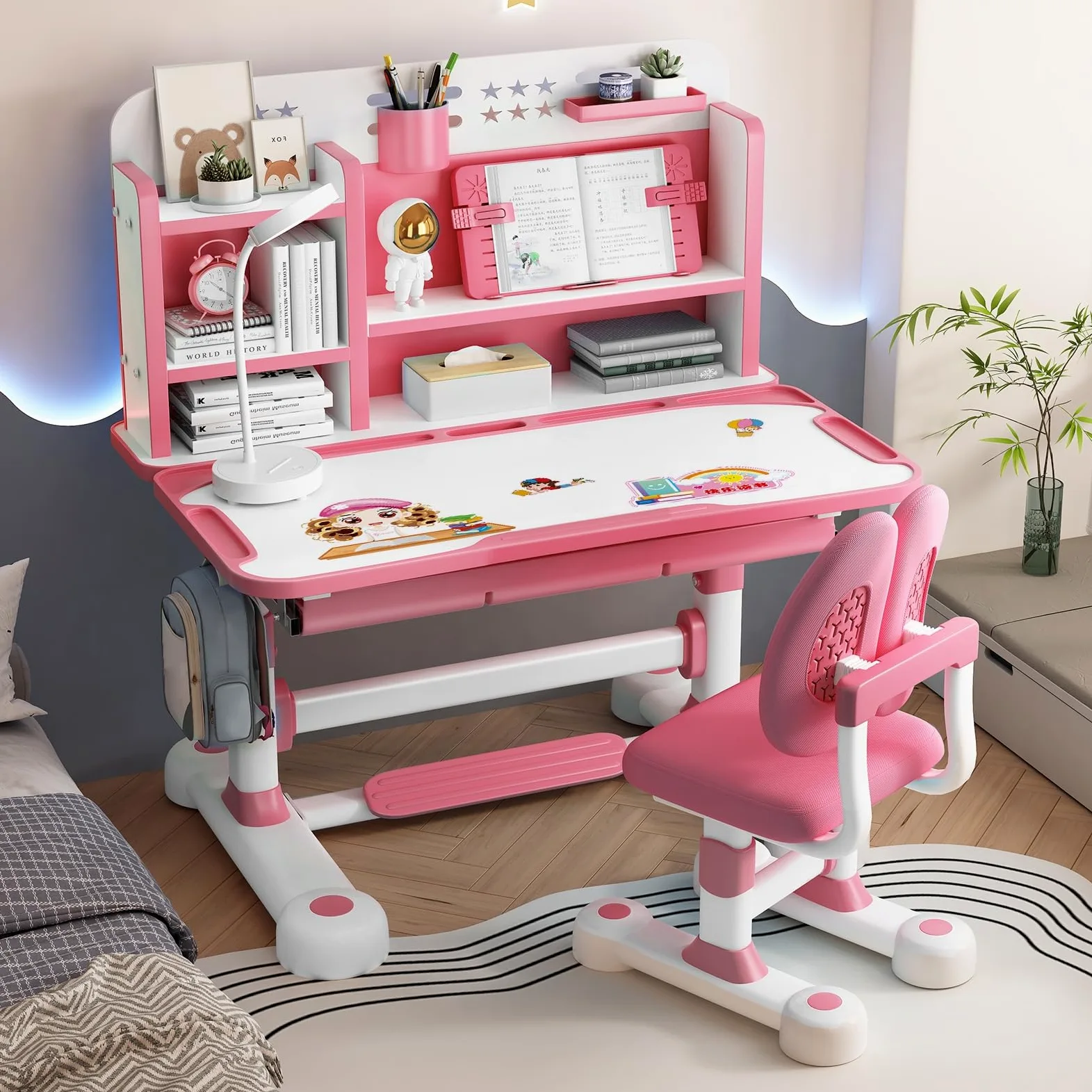 Set di scrivania e sedia funzionale per bambini, altezza regolabile, scrivania per studio scolastico, scrivania ergonomica, tavolo da scrittura con supporto per libri, per ragazzi e ragazze