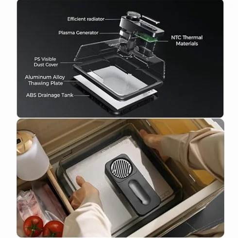 Vassoio per scongelamento rapido per carne congelata, tappetino per scongelamento intelligente con tecnologia di flusso d'aria, include coperchio e timer, ricaricabile, ideale per bistecca, pollo
