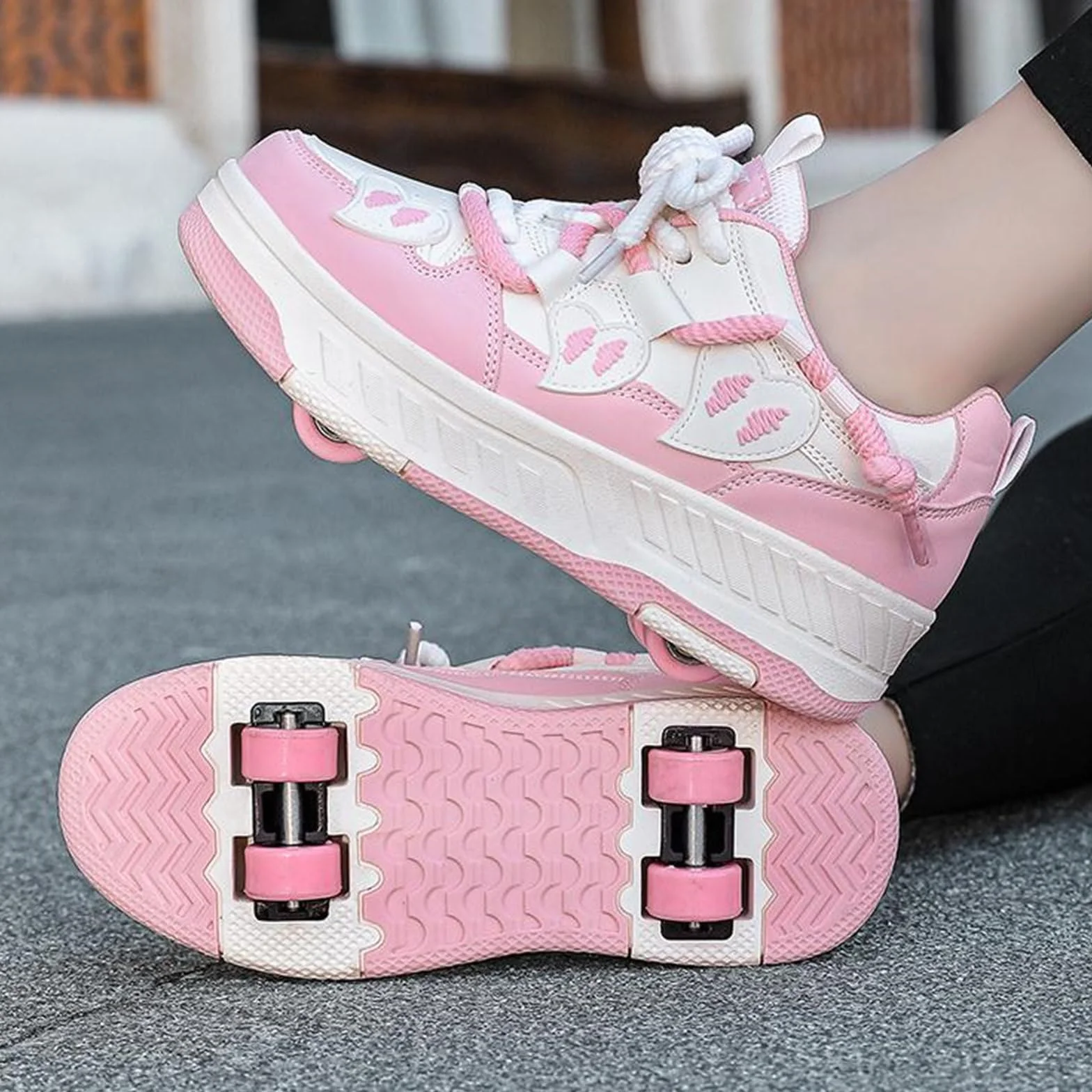 Surwin Scarpe con Rotelle Bambino, Quattro Ruote Scarpe con Ruote Posteriori Retrattili, Fiocco a Nodo Sneaker con Rotelle Bambini Ragazzo Ragazza Unisex Sneaker Skateboard Traspirante