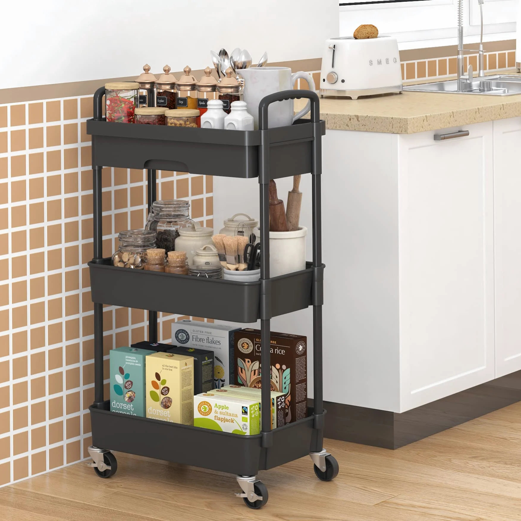 Dttwacoyh, Pratico carrello portatile a 3 livelli con cassetti, carrello portaoggetti con ripiani in plastica, adatto per uffici, cucine, lavanderia, bagno, trucco, nero