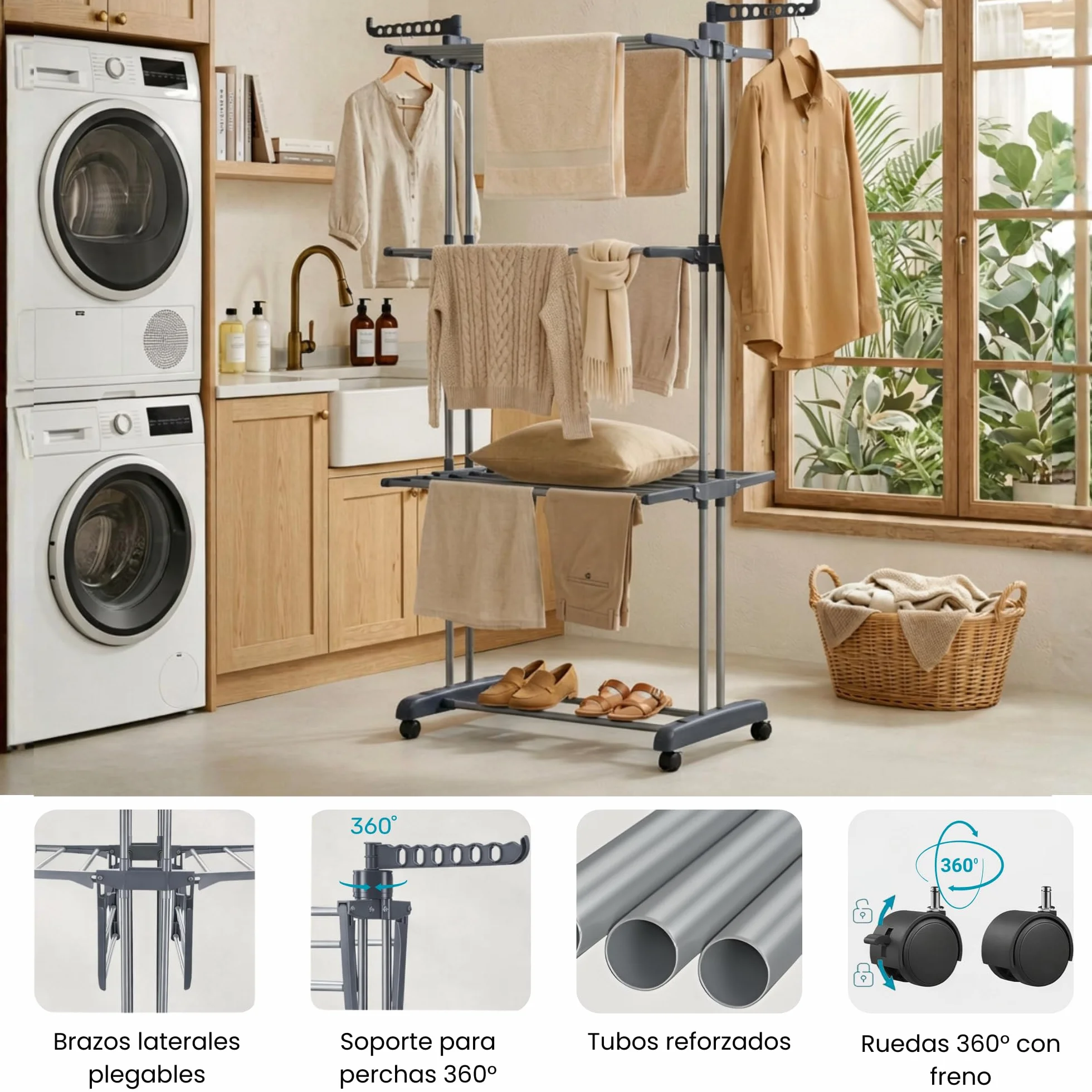 edihome, Stendino Verticale, Stendibiancheria Pieghevole 4 Livelli Con Ali Laterali, 35 Kg Acciaio Inox Con Ruote Salvaspazio Per Interno Ed Esterno (Grigio)