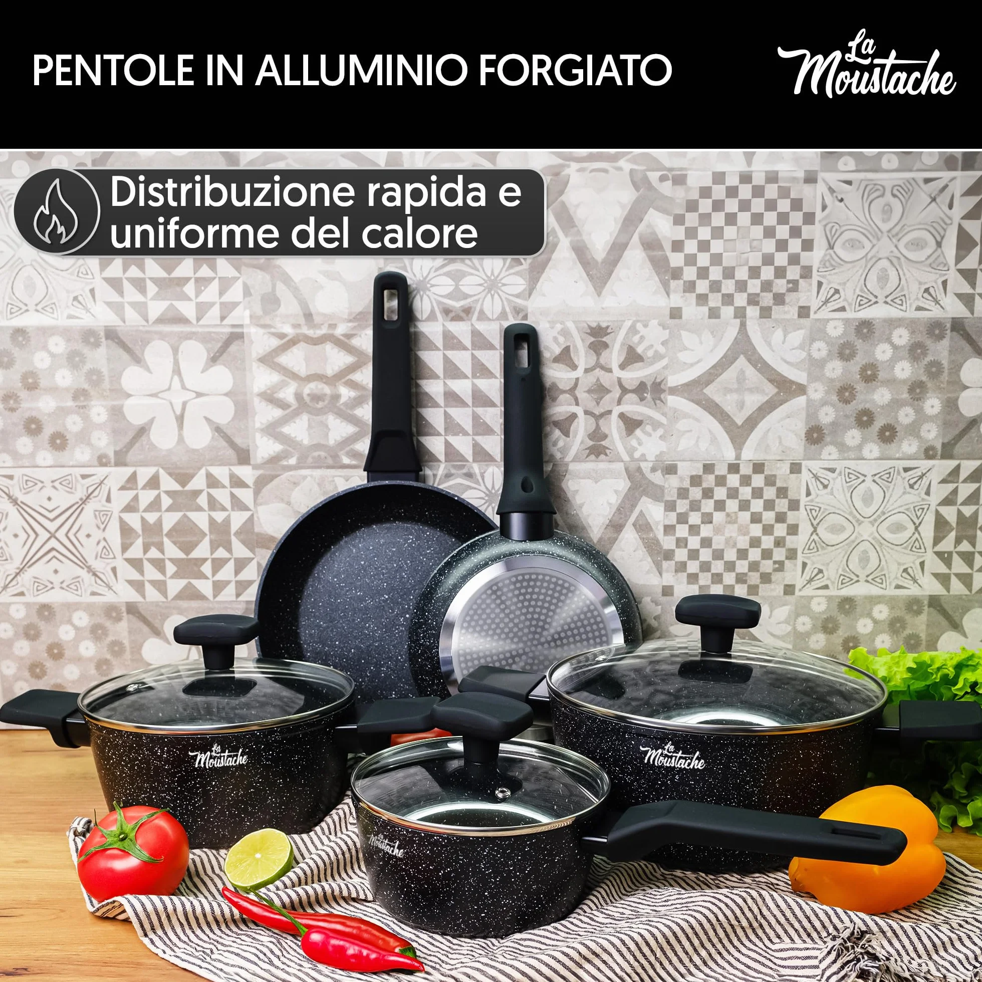 La Moustache Batteria di Pentole 8 Pezzi a Induzione in Alluminio Antiaderente Set Casseruole Coperchi Padelle Manici Bakelite Onix