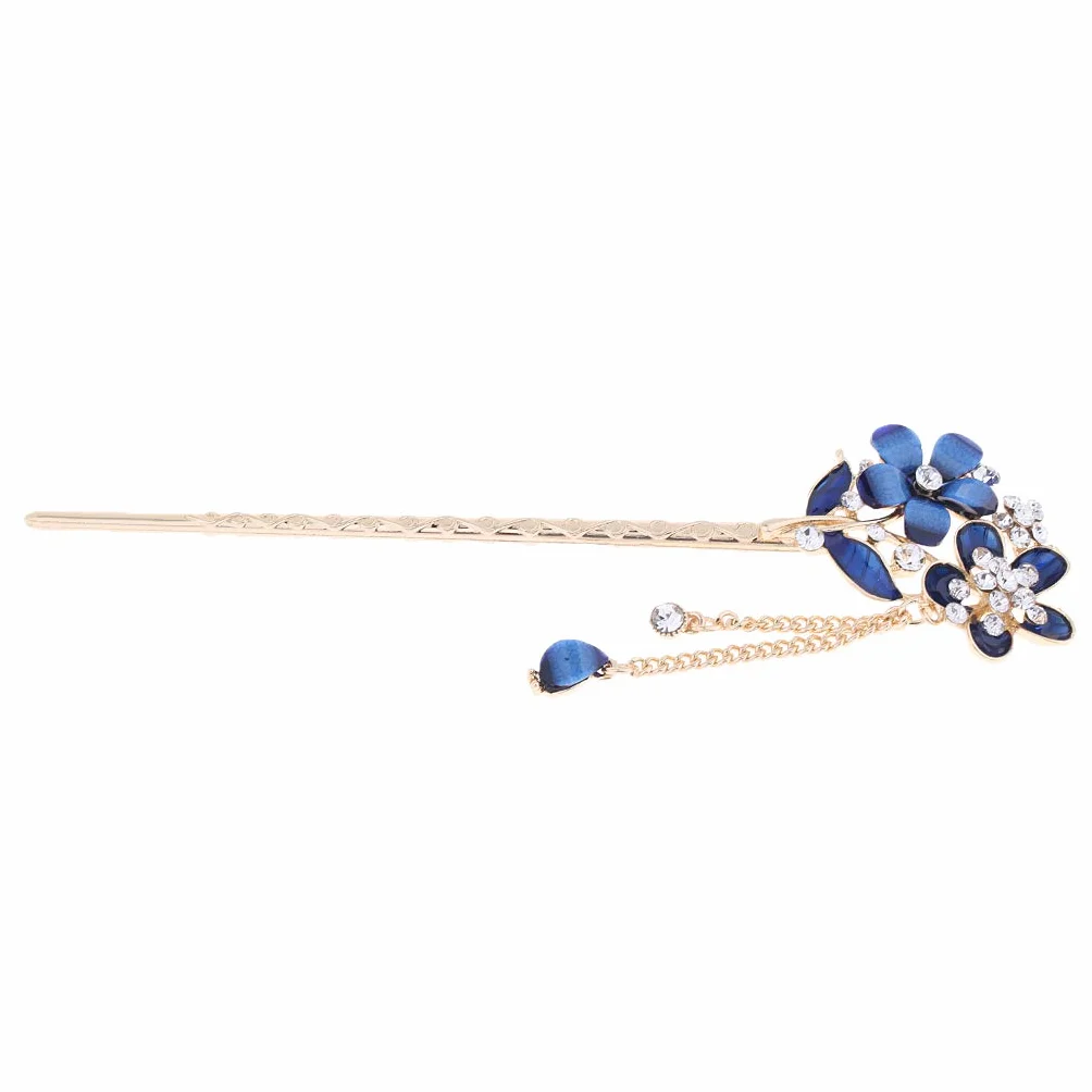 Bacchette per capelli cinesi con strass di cristallo a forma di fiore blu