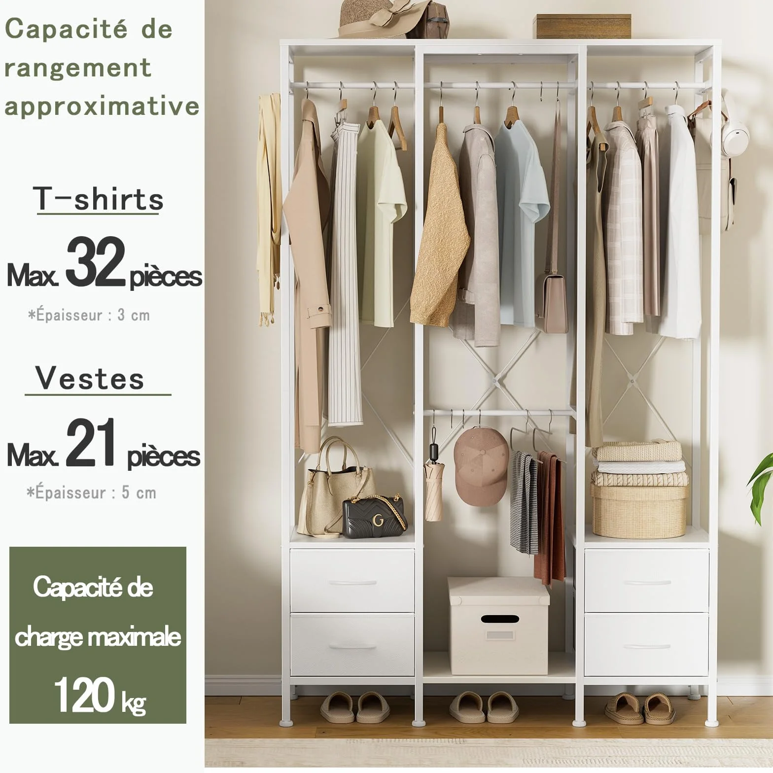 Stand Appendiabiti, Cabina Armadio con 3 Barre e 4 cassetti, Appendiabiti con 4 Ganci Rimovibili, Armadio Aperto Moderno, per Camera da Letto o Ingresso, Bianco