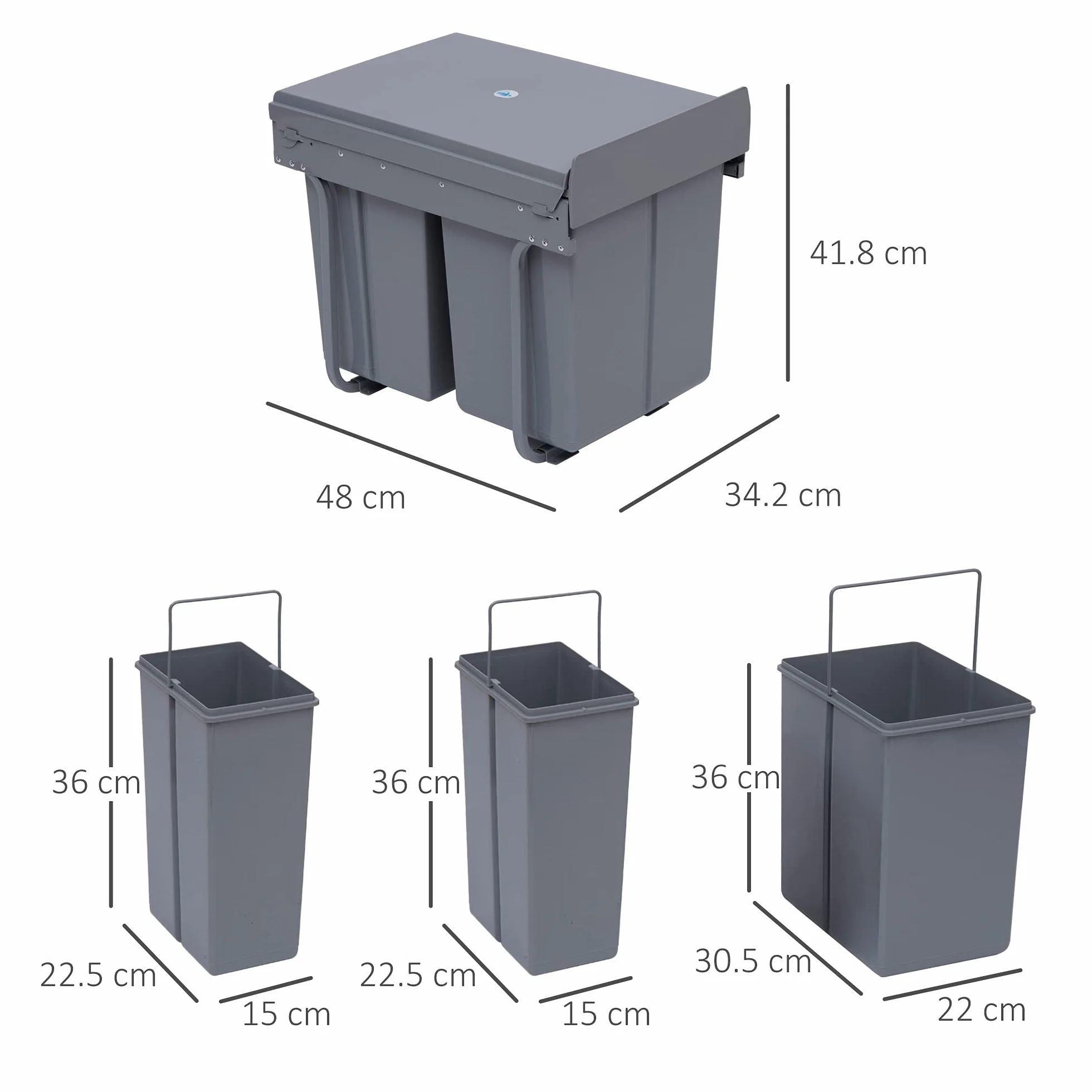 HOMCOM Pattumiera Estraibile da 40L con 3 Contenitori per Raccolta Differenziata, Cestino Spazzatura in Acciaio, ABS e PP, 48x34.2x41.8 cm, Grigio
