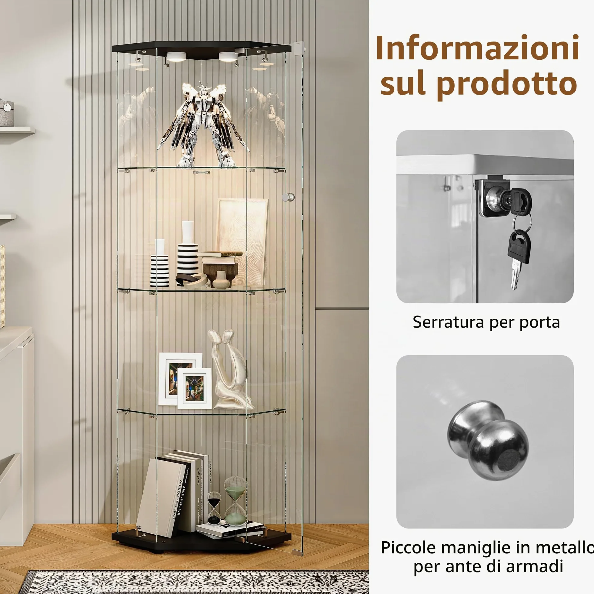 Vetrina Angolare in Vetro con illuminazione a LED, Espositiva Vetrina a 4 Strati da Collezione con Serratura, per Oggetti da Collezione, Libri, 4 Ripiani 1 Ante, Nero A
