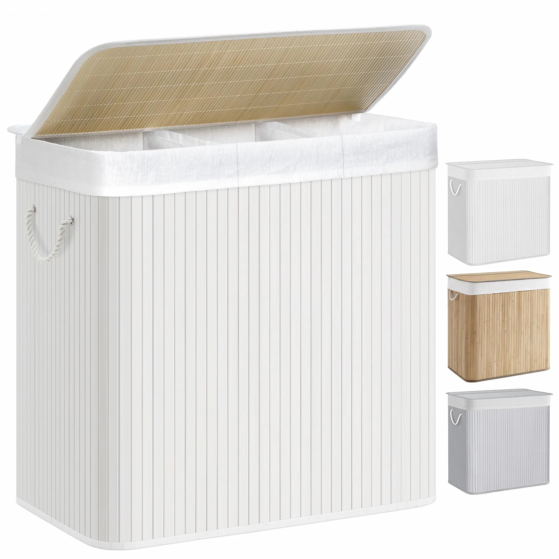 SONGMICS Cesto Portabiancheria, 150 L, Cesta Biancheria a 3 Scomparti in Bambù Coperchio, Maniglie, Pieghevole, Sacco Rimovibile e Lavabile in Lavatrice, Lavanderia, Casa, Bagno, Bianco LCB091W01