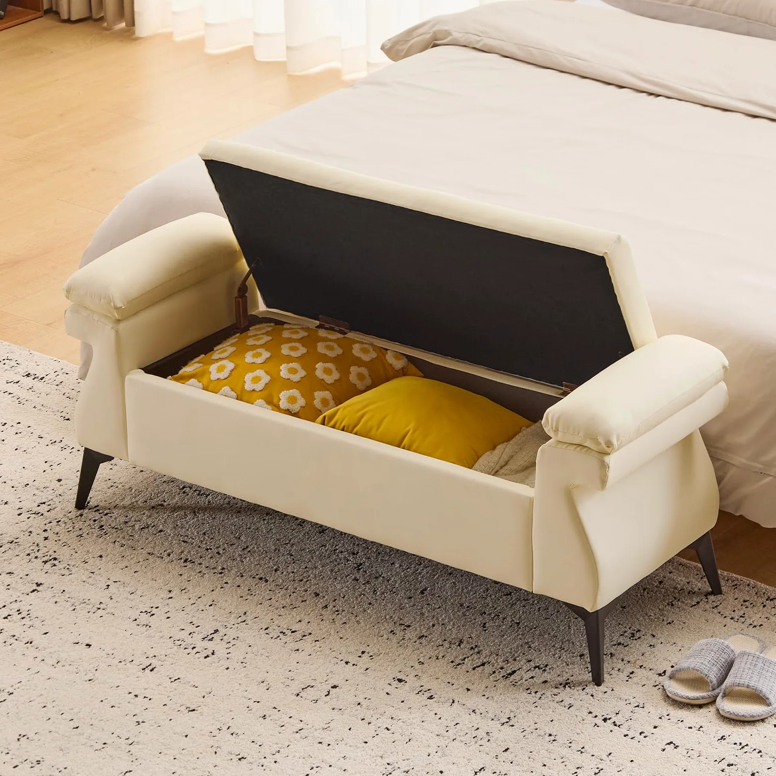Panca Contenitore Camera da Letto 128x44x53cm, Panca Fondo Letto Matrimoniale, Cassapanca Pouf Organizzatore Ottomano in Pelle PU per Camera da Letto Soggiorno Ingresso, Beige