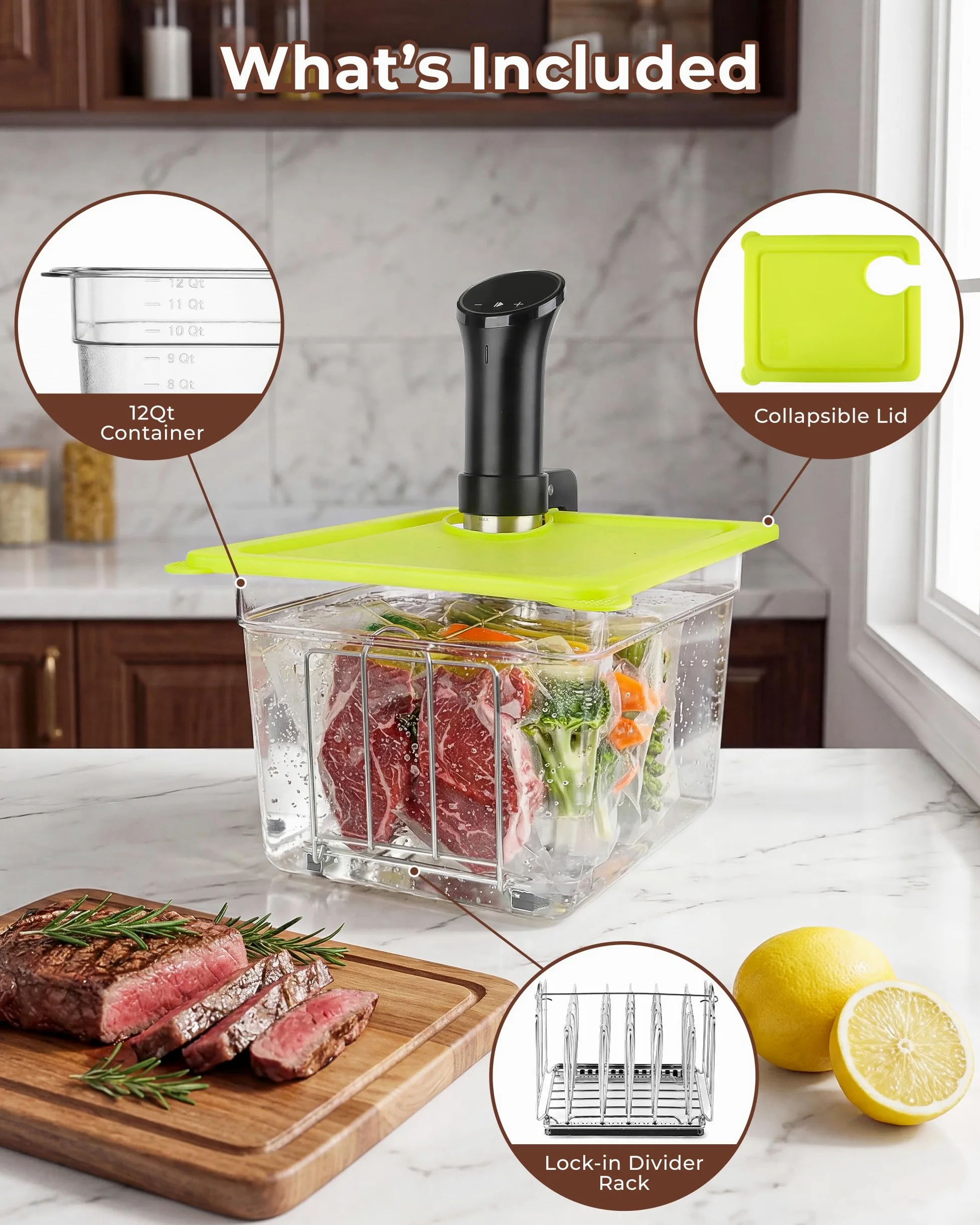 EVERIE Contenitore Sous Vide da 12 litri con coperchio universale in silicone e griglia per sottovuoto compatibile con tutti i modelli Anova, Anova Nano, Chefsteps Joule, Instant Pot, Wancle Sous Vide