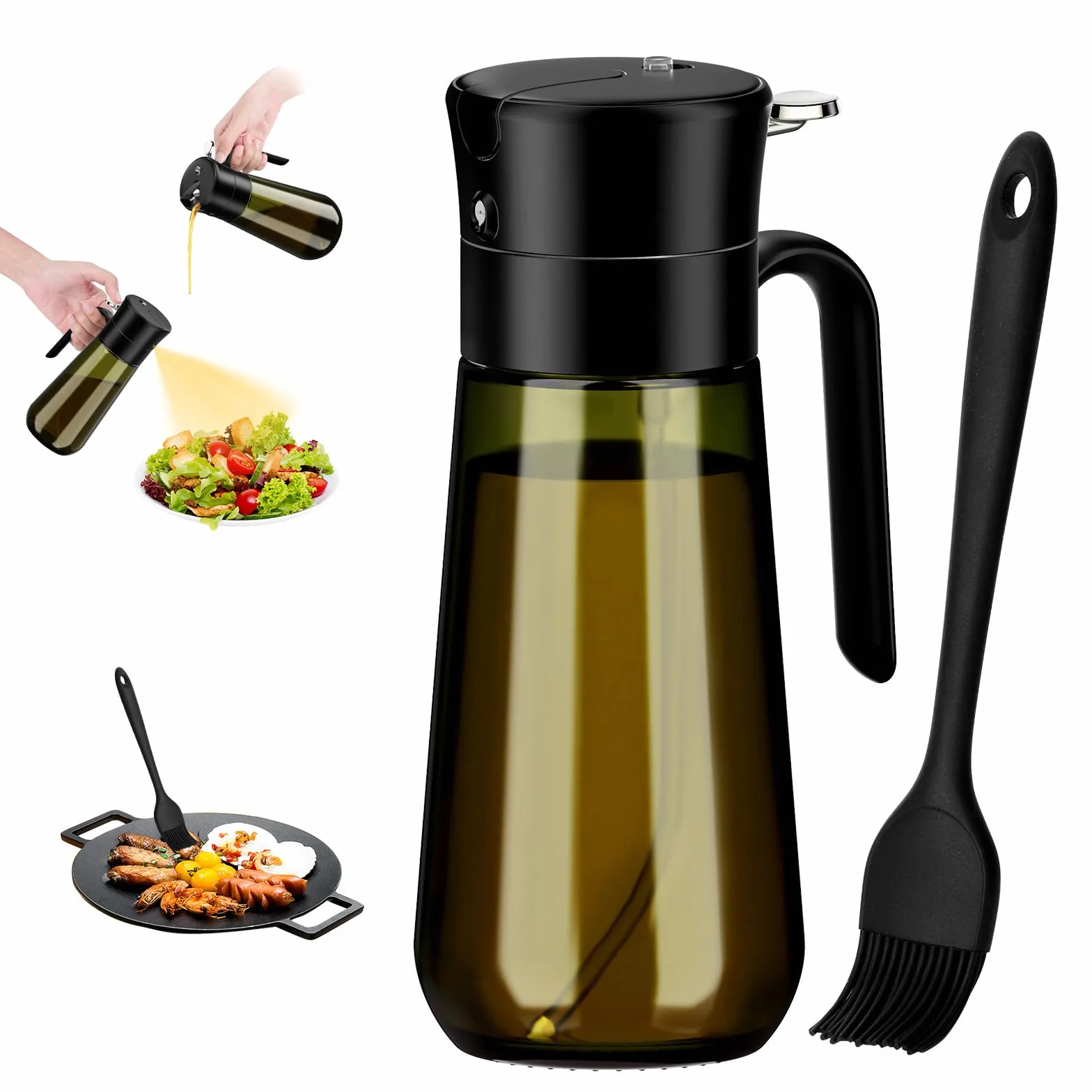 Euqvunn Dispenser Olio 2-in-1 con Pennello, Oliera Spray Vetro Oscurato 580ml per Condimenti e Cottura