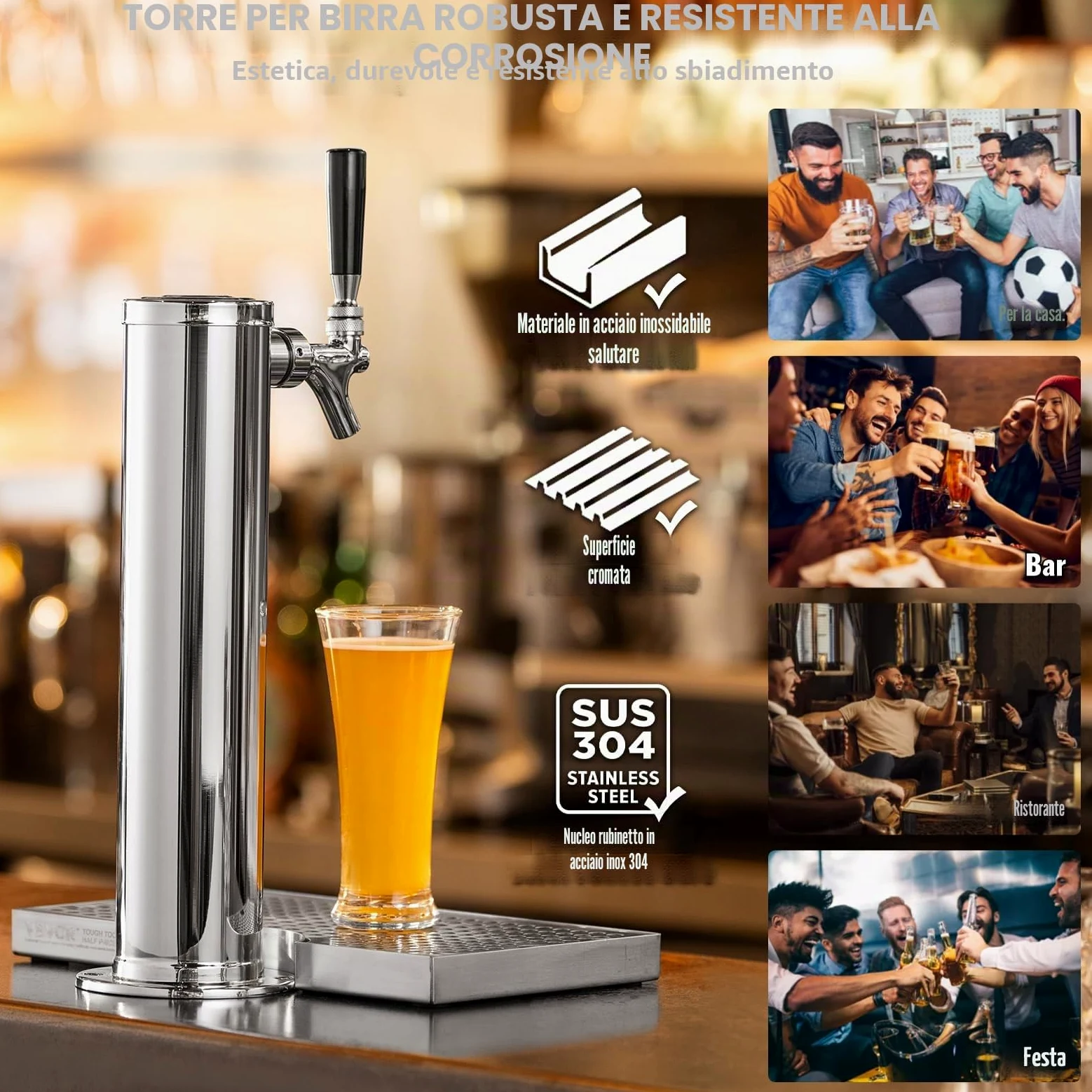 VEVOR Kit Distributore di Birra, Kit Conversione Birra Rubinetto Singolo, Dispensatore Torre Birra in Acciaio Inossidabile con Regolatore Doppio Calibro, Vassoio Gocciolamento Birra per Feste a Casa