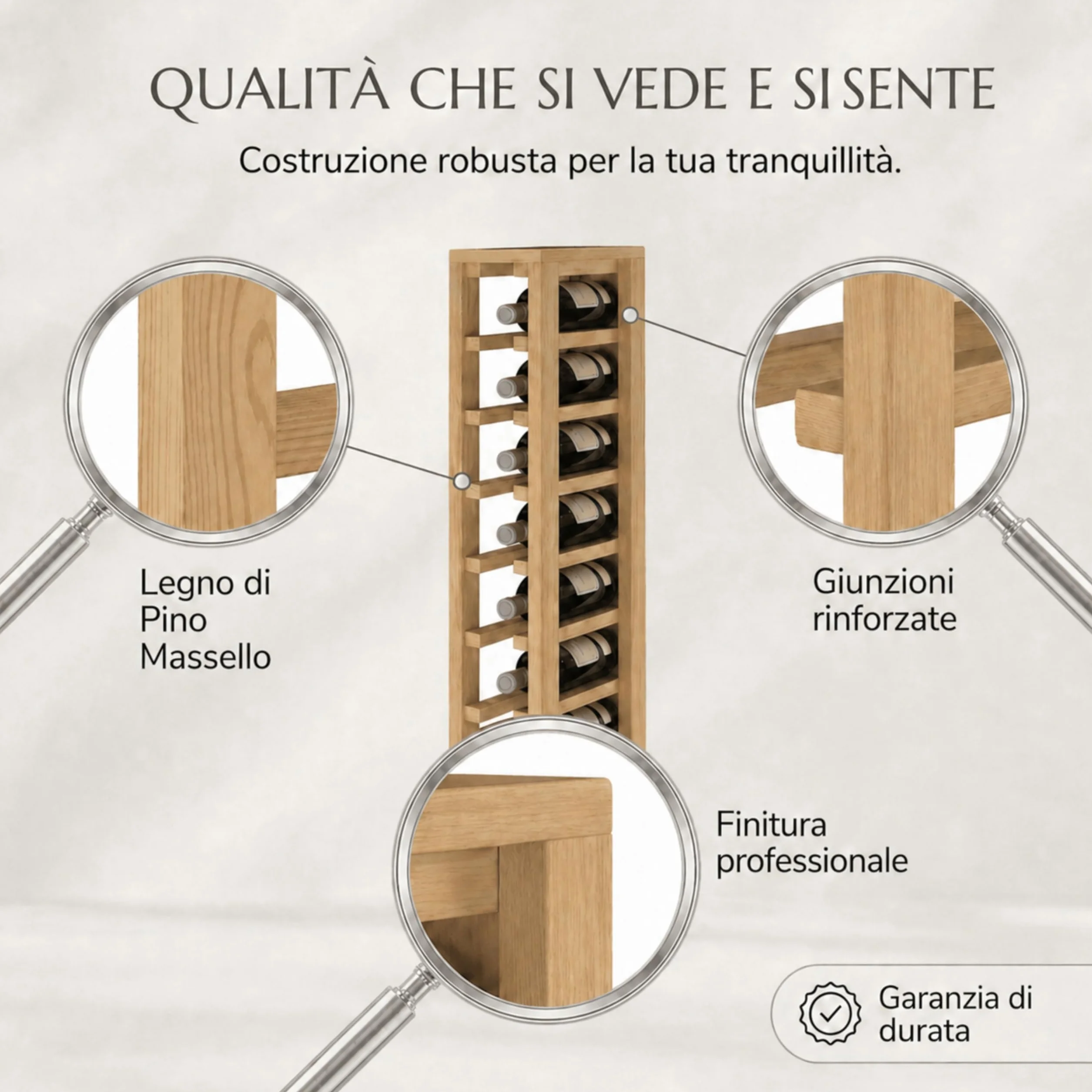 Portabottiglie in legno di quercia, 12 x 32 x 105 cm