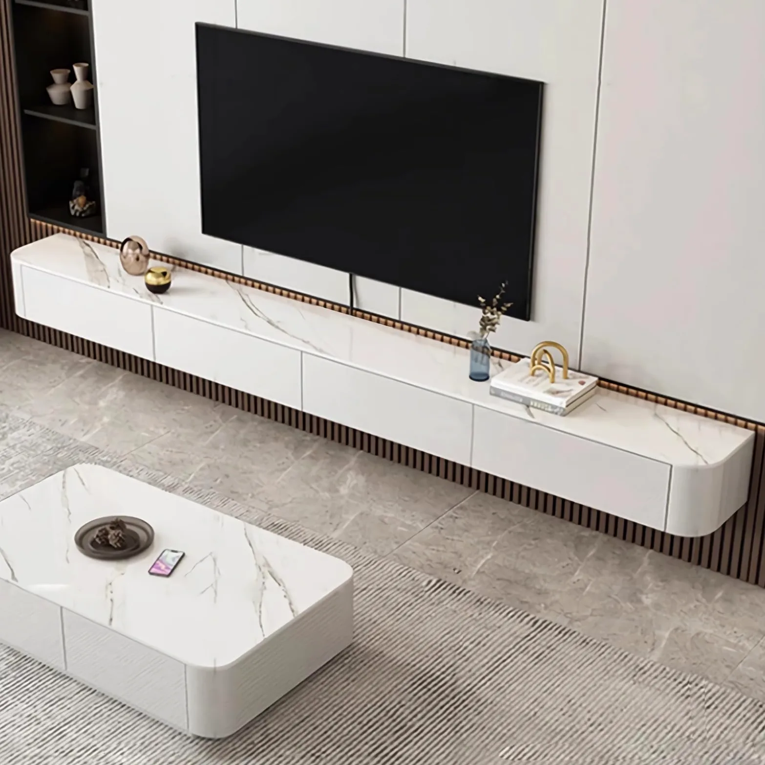 Mobile TV sospeso in legno massello, mobile TV moderno soggiorno per l'archiviazione, mobile porta TV con ante，Mobili per soggiorno, camera da letto, ufficio (Bianco-B, 300cm/118.1in)