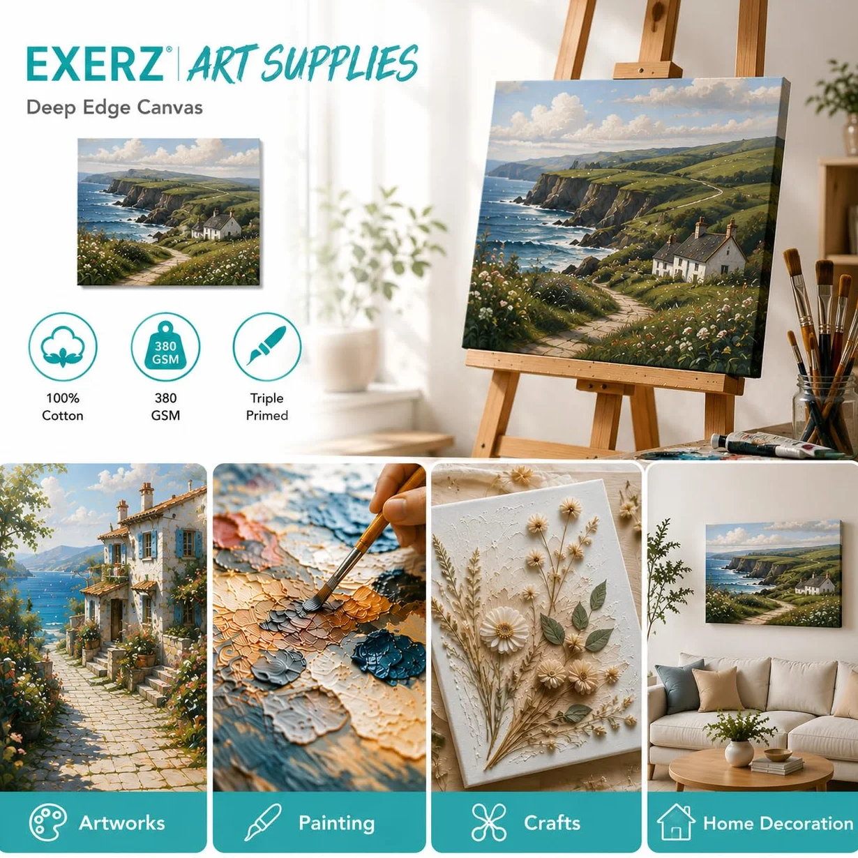 Exerz Tele intelaiate 4 Pezzi 40x50cm 3,8cm Spessore Bordo Profondo / 380GSM/ Prestirato 100% Cotone/Imprimitura/Triplo Innescato/Acido Libero/A Grana Media/Acrilici, Pittura ad Olio