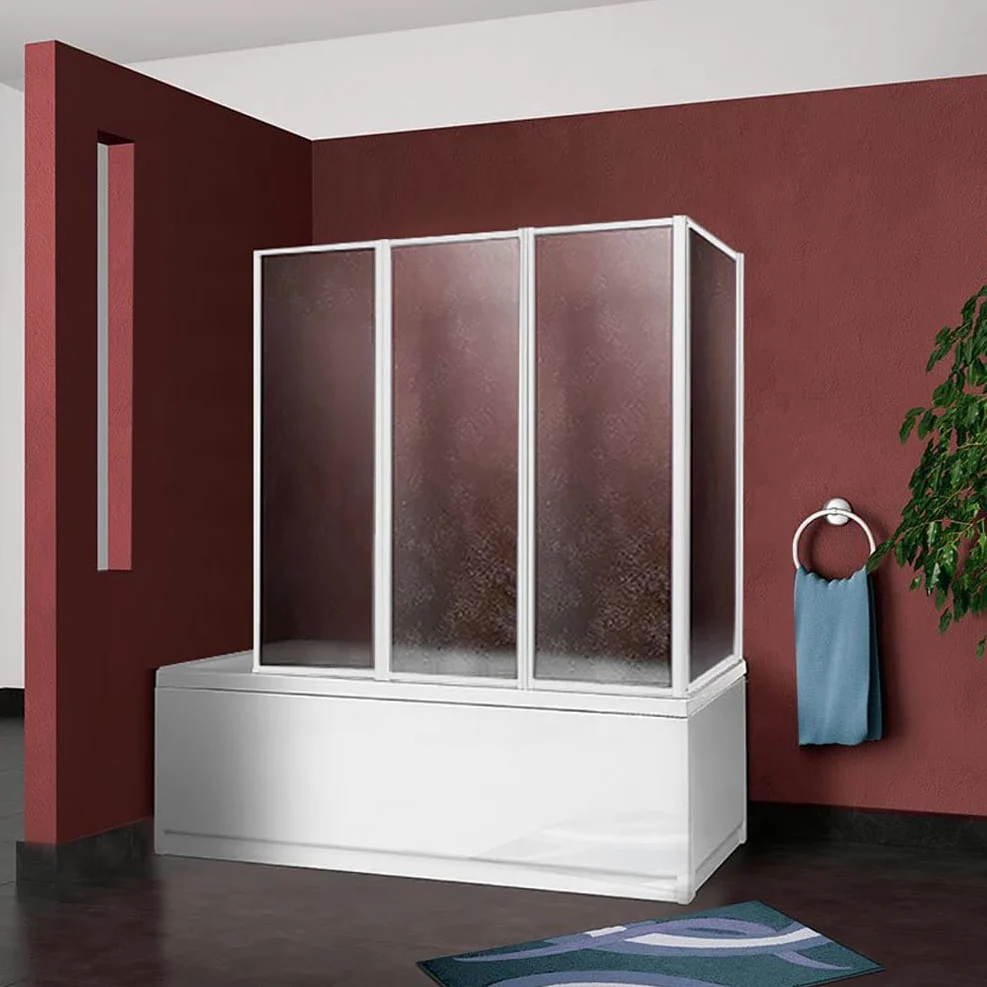 "Made in Italy" Sopravasca angolare per vasca da bagno pieghevole cm.64+cm.133, profili alluminio con pannelli acrilici, reversibile a 4 ante