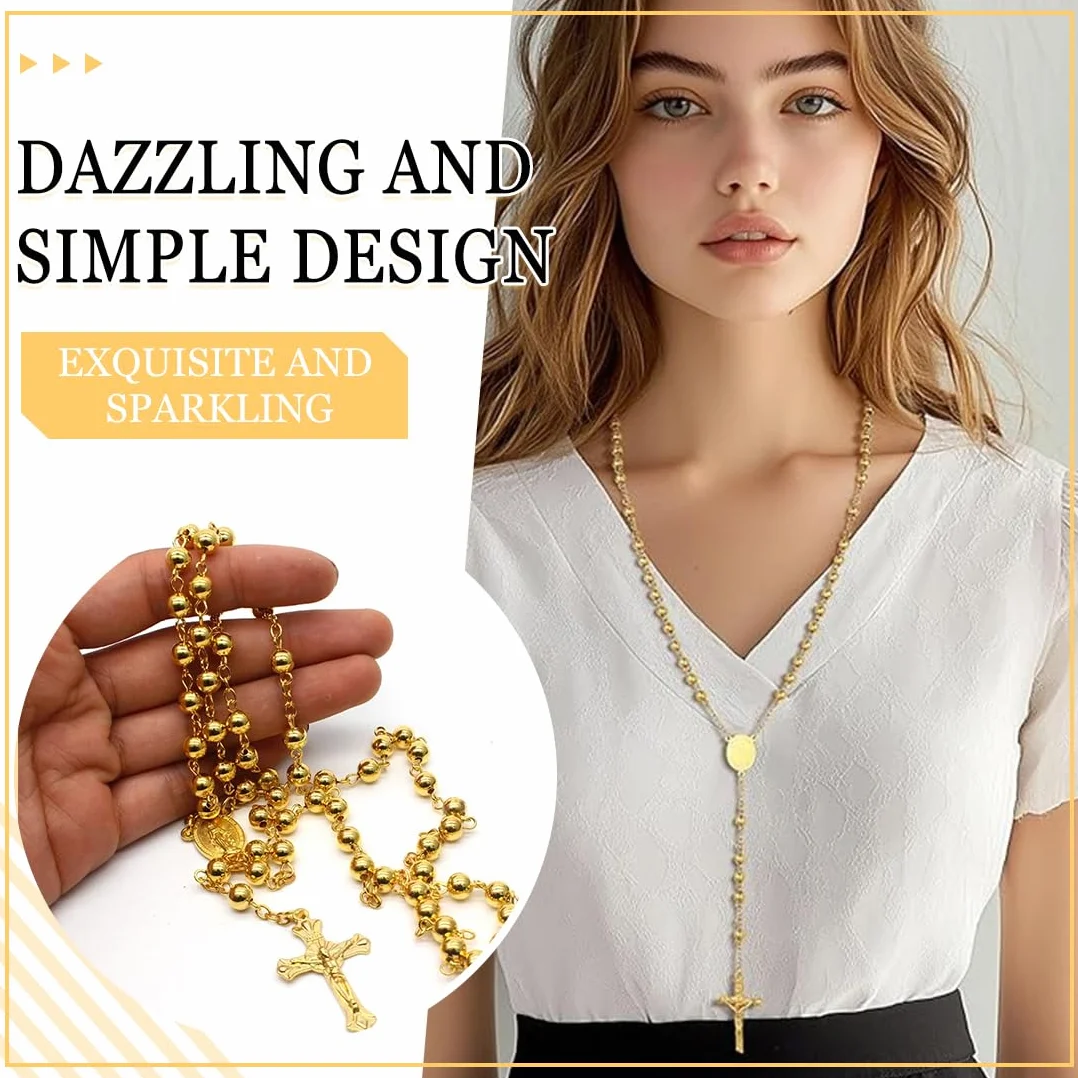 Collana con ciondolo religioso, con pendente croce di Gesù Cristo, unisex Metallo colore placcata oro, Collana da Uomo Donna Preghiere Promessa Perline e Occhio Maligno Idee Regalo