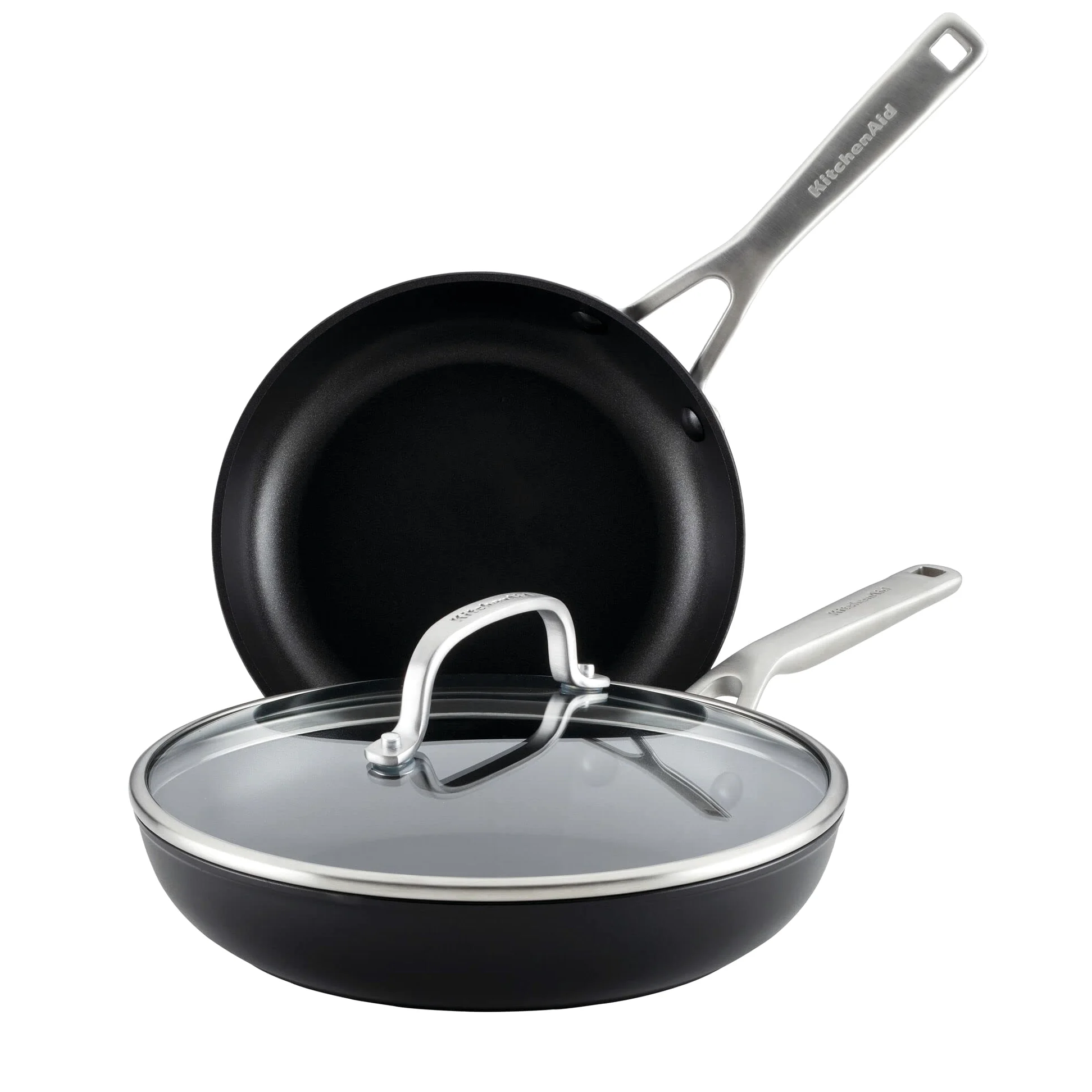 KitchenAid Set di padelle antiaderenti anodizzate a induzione con coperchio, 3 pezzi, 20,3 e 25,4 cm, resistenti, riscaldamento uniforme, lavabili in lavastoviglie e utilizzabili in forno, facili da